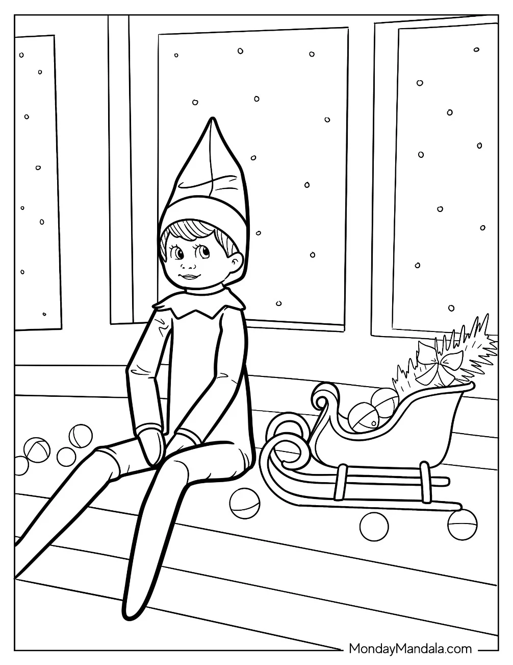 Elf On The Shelf Coloring Page Sitting by Snowy Window with Christmas Sleigh coloring page
