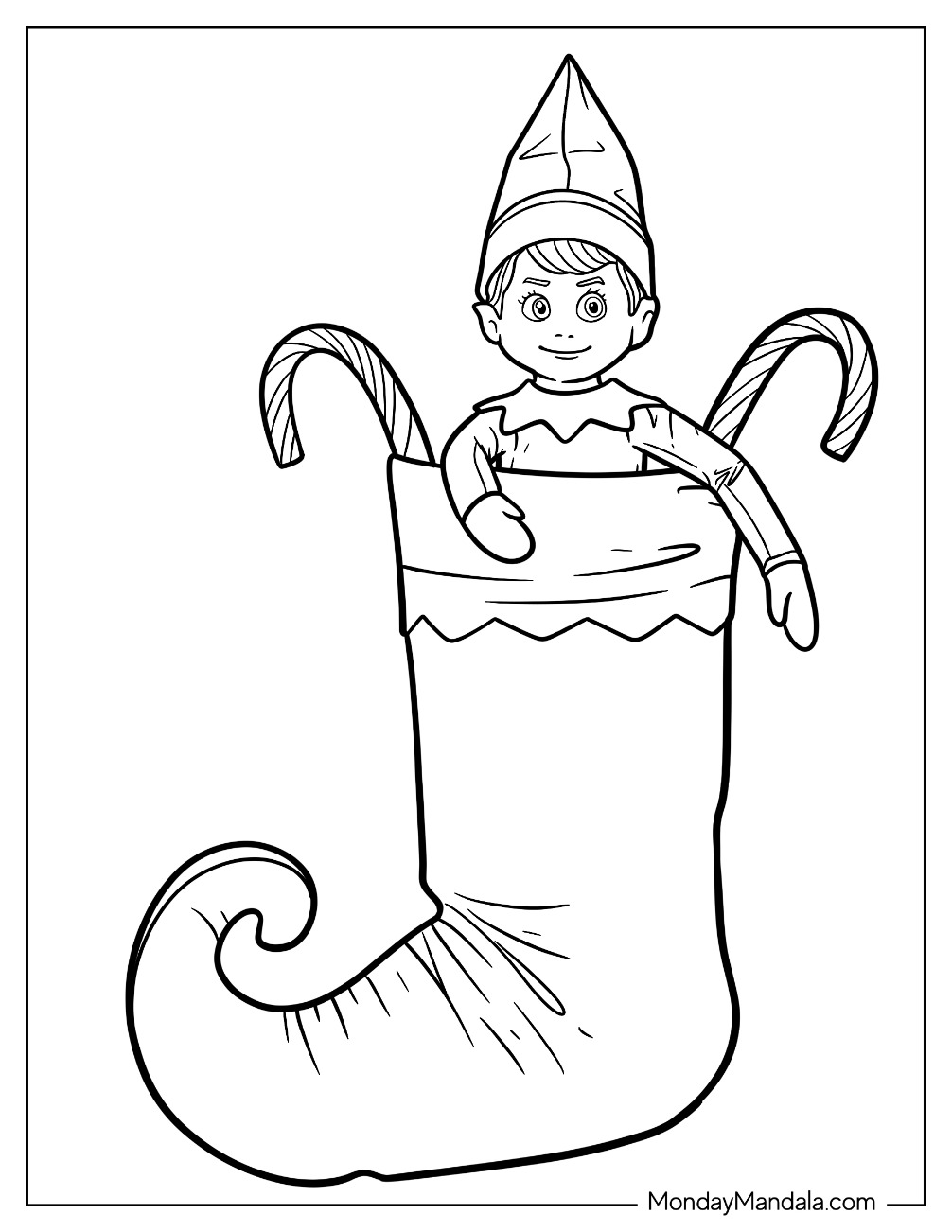 Elf On The Shelf Coloring Page Sitting in Curly Christmas Stocking with Candy Canes for Preschoolers coloring page