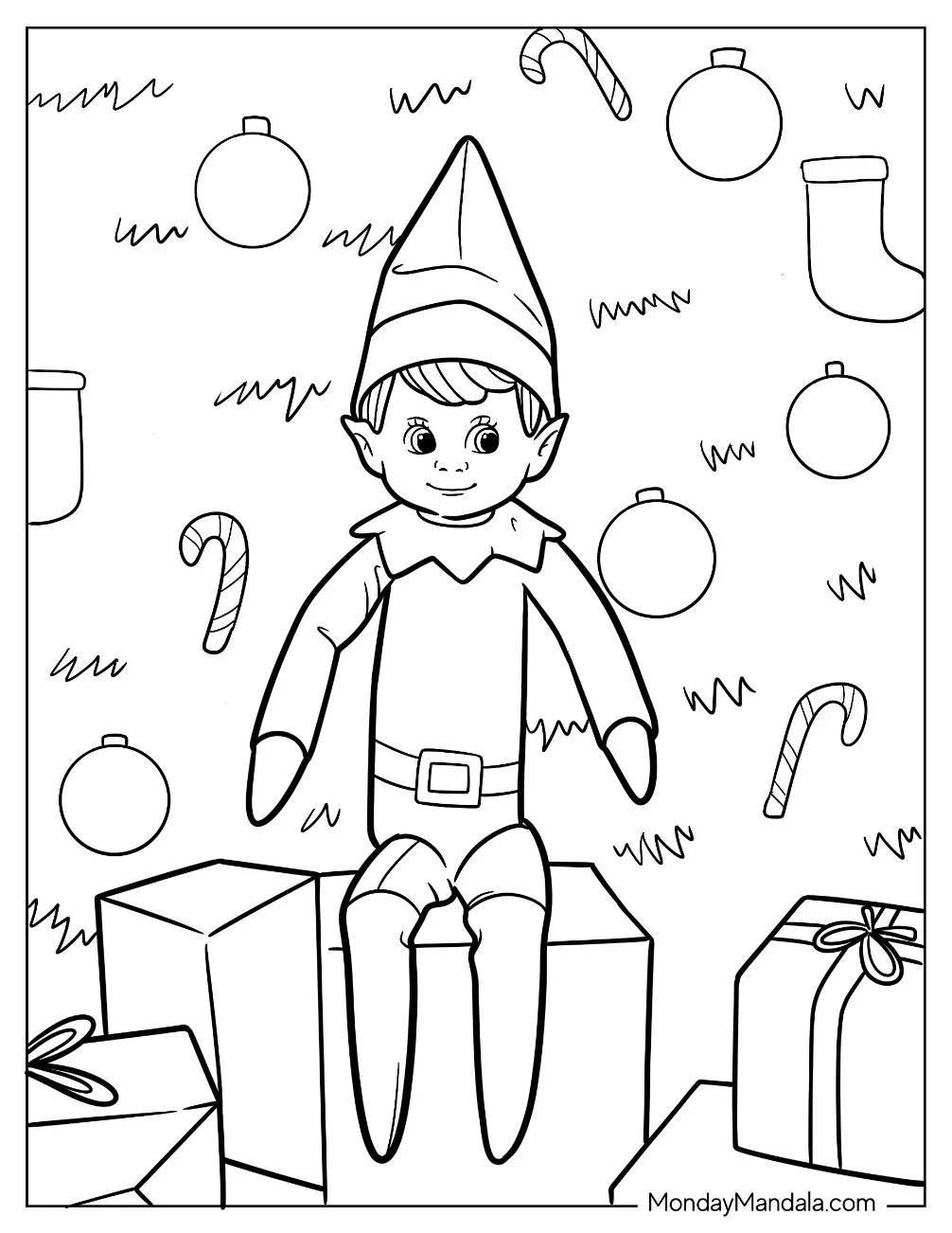 Elf On The Shelf Coloring Page Sitting on Presents with Christmas Tree in the Background for Kids coloring page