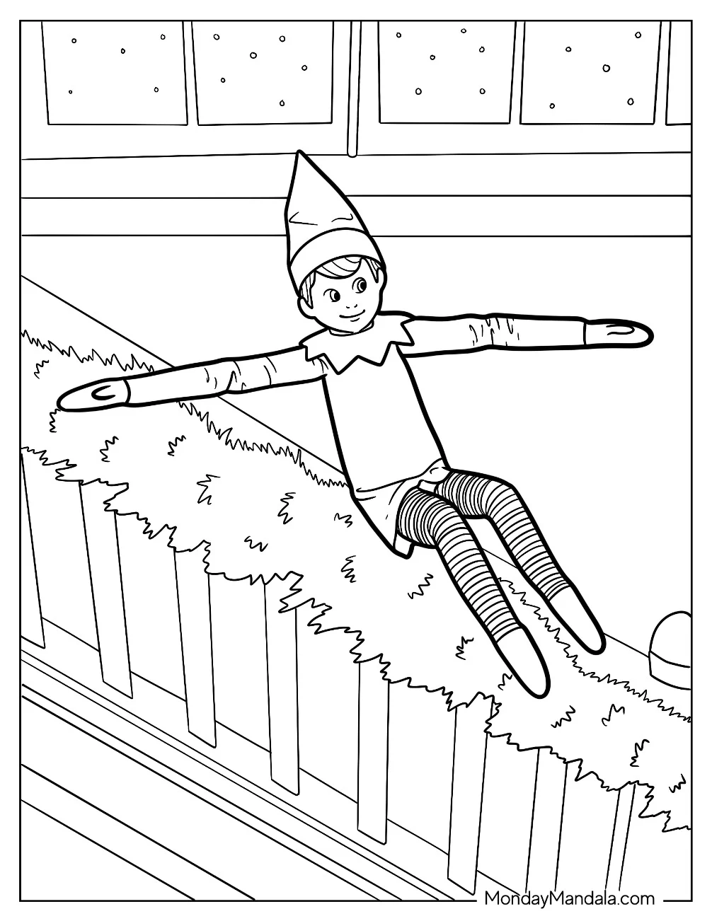 Elf On The Shelf Coloring Page Sliding Down Stair Railing with Christmas Garland coloring page — printable line art