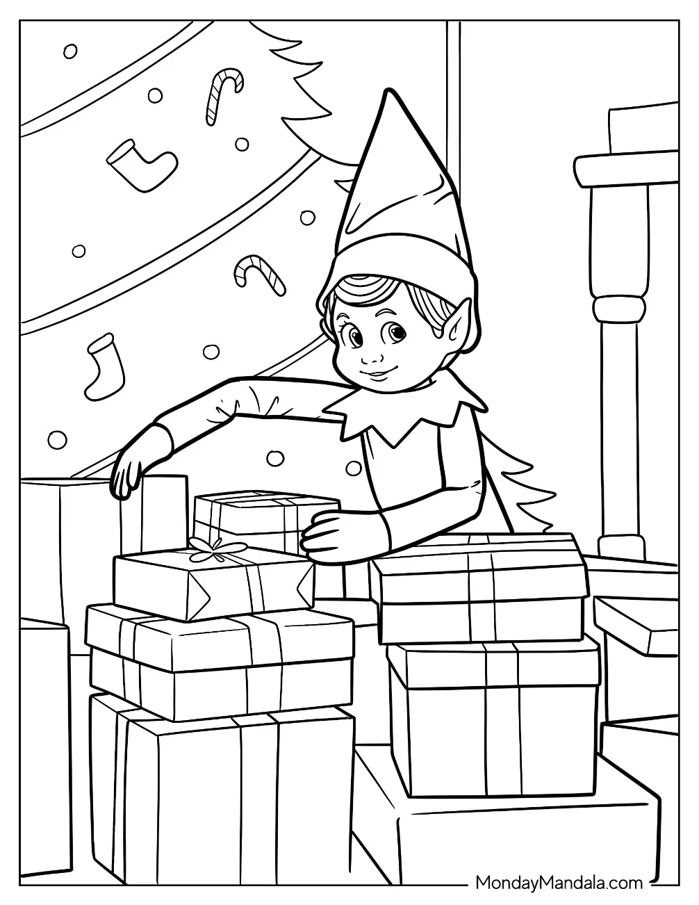 Elf On The Shelf Coloring Page Stacking Christmas Presents by the Tree for Kids coloring page