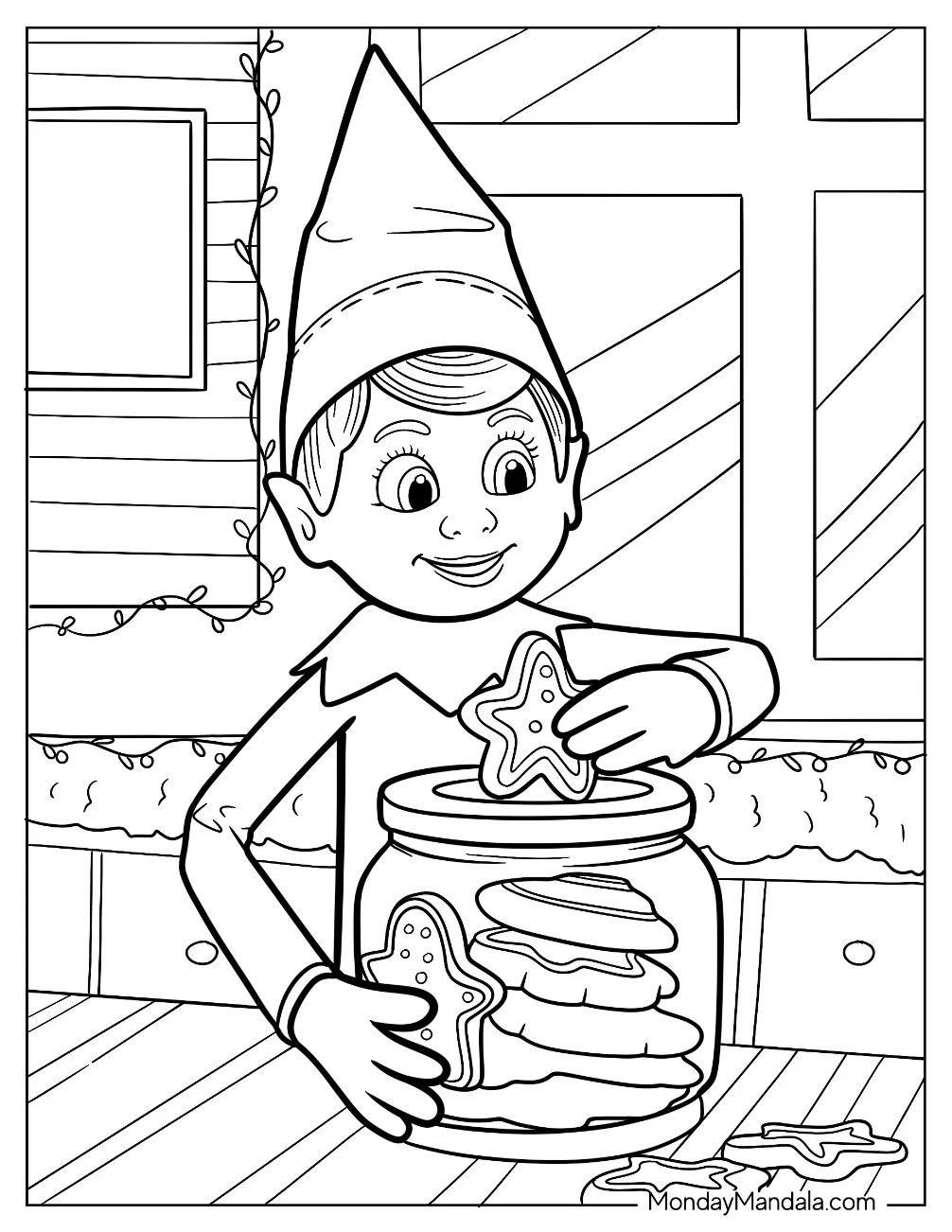 Elf On The Shelf Coloring Page Stealing Christmas Cookies from Kitchen Jar coloring page