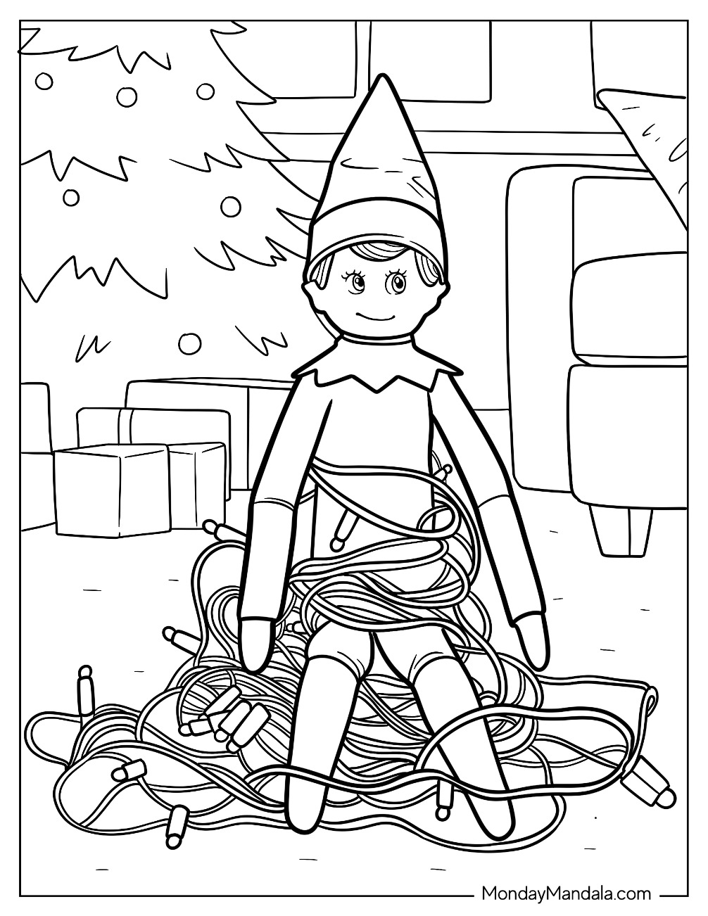 Elf On The Shelf Coloring Page Tangled in Christmas Lights by the Tree for Kids coloring page — printable line art