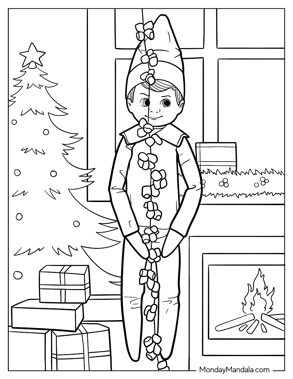 Elf On The Shelf Coloring Page with Christmas Lights by Tree and Fireplace coloring page