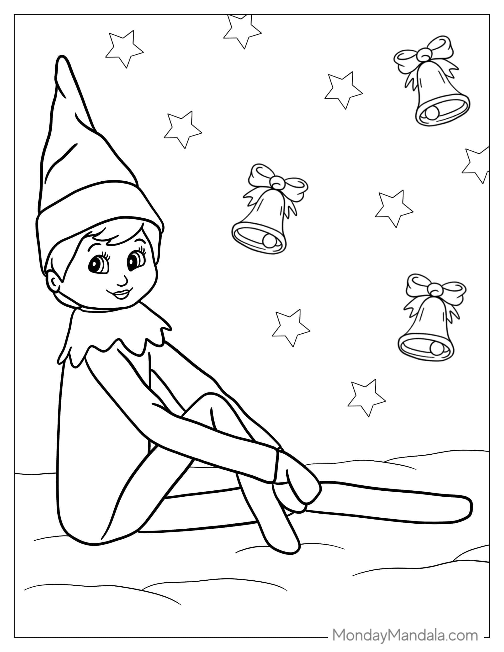 Elf On The Shelf With Bells To Color coloring page — printable line art