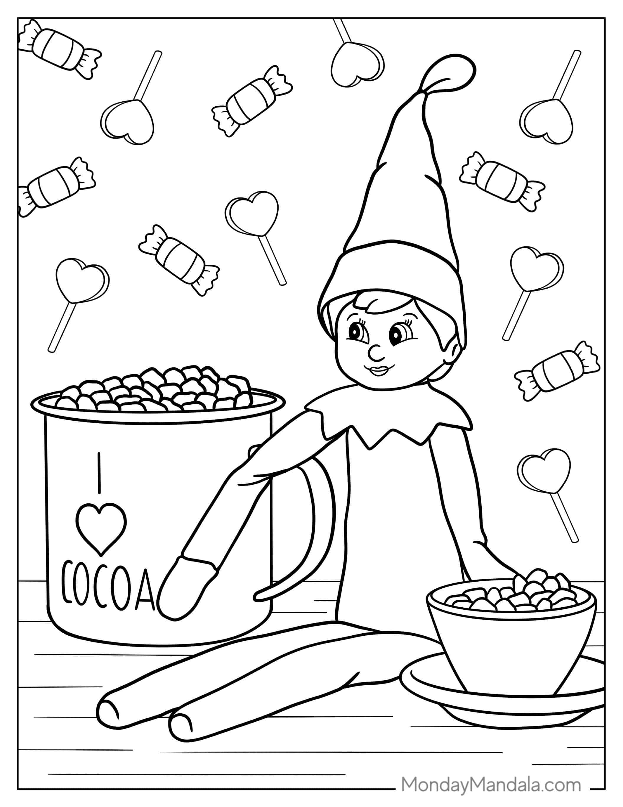 Elf On The Shelf With Candy And Cocoa To Color coloring page — printable line art