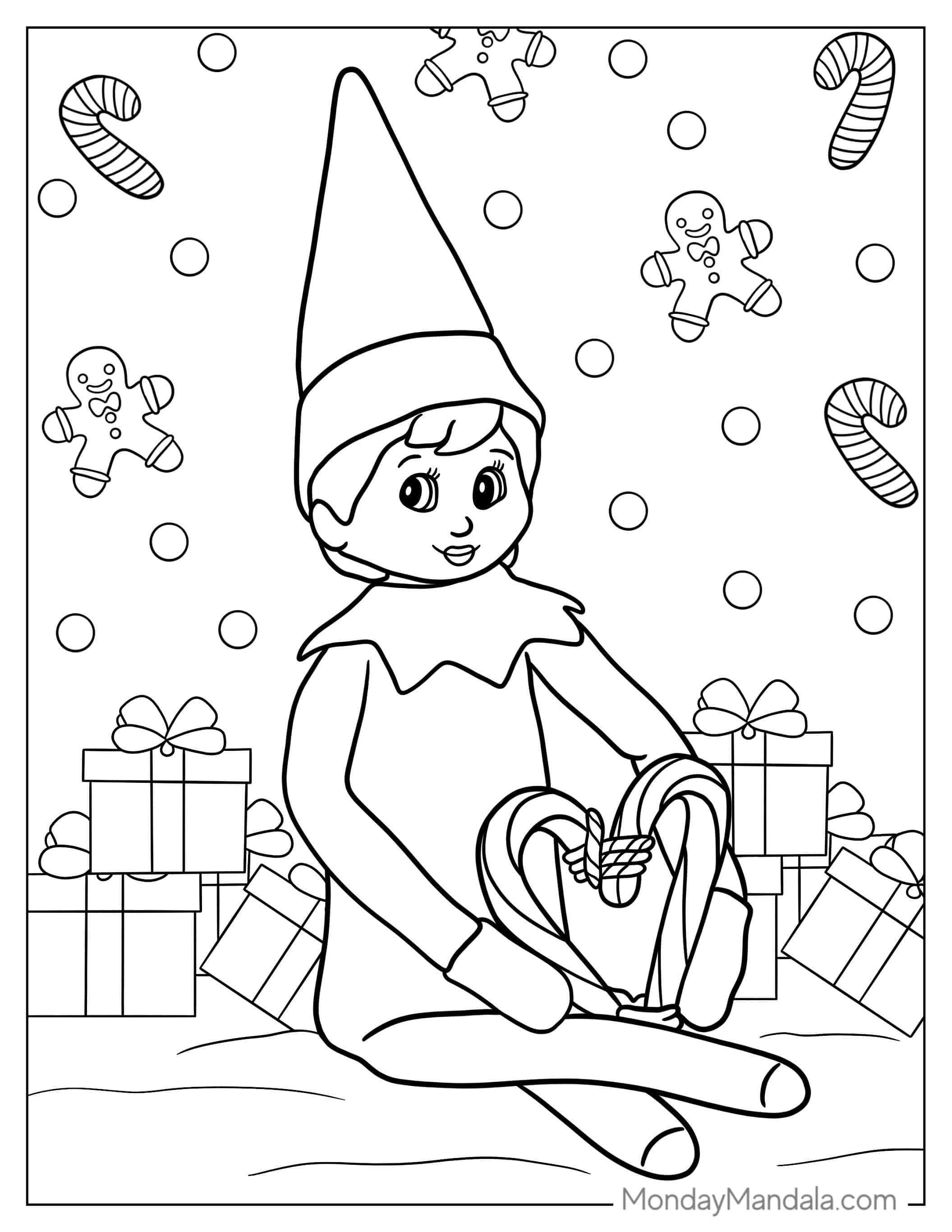 Elf On The Shelf With Candy Canes And Presents coloring page — printable line art