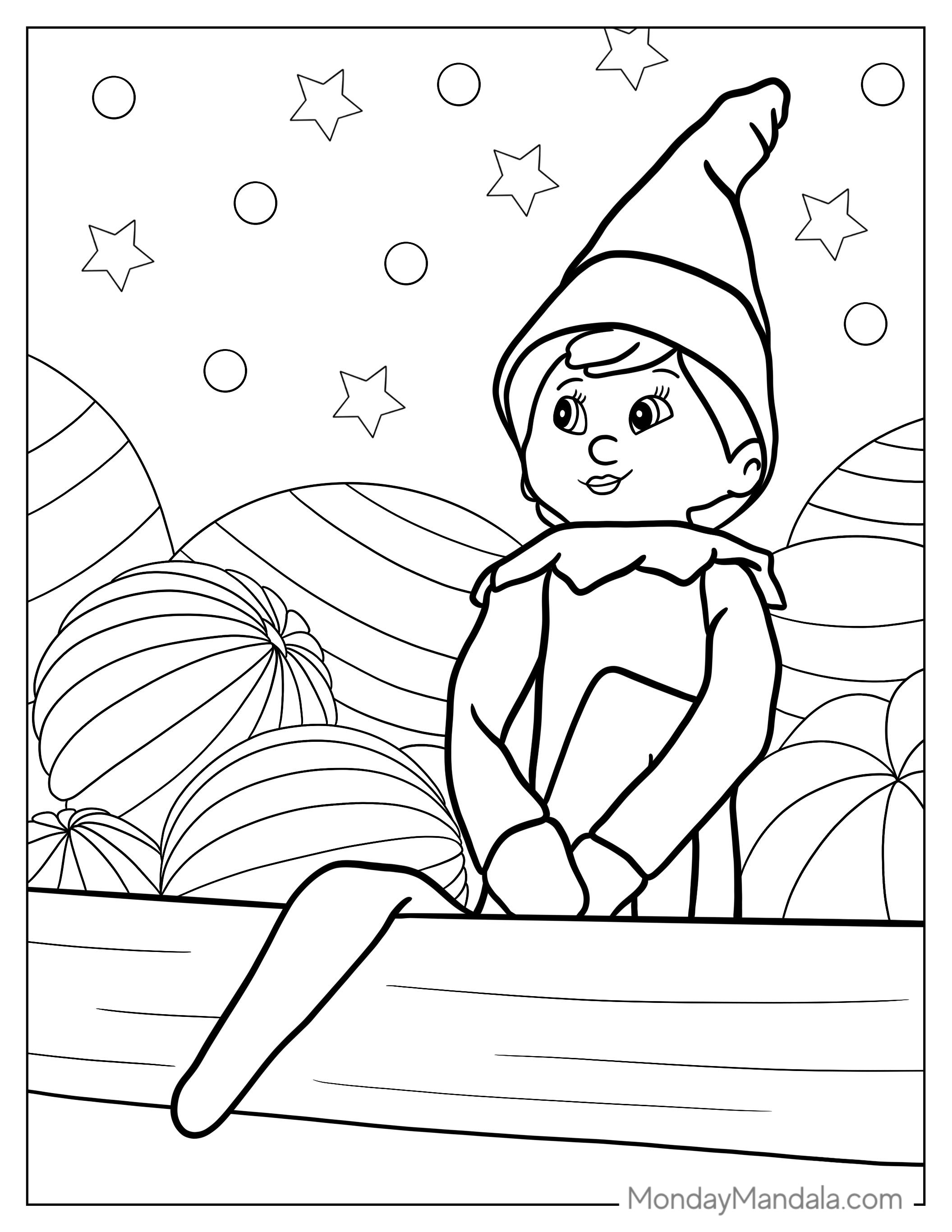 Elf On The Shelf With Christmas Ornaments coloring page — printable line art