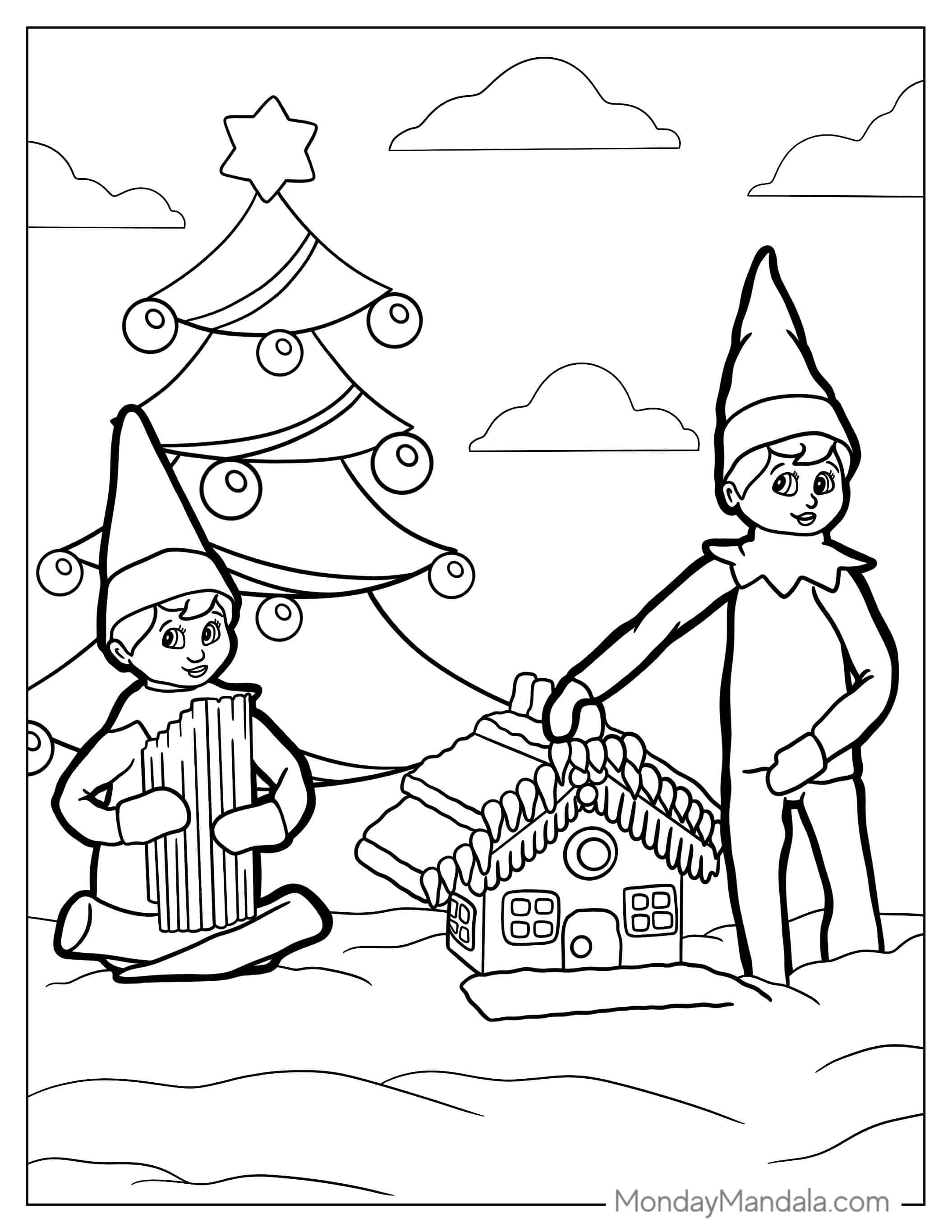 Elf On The Shelf With Christmas Tree coloring page — printable line art