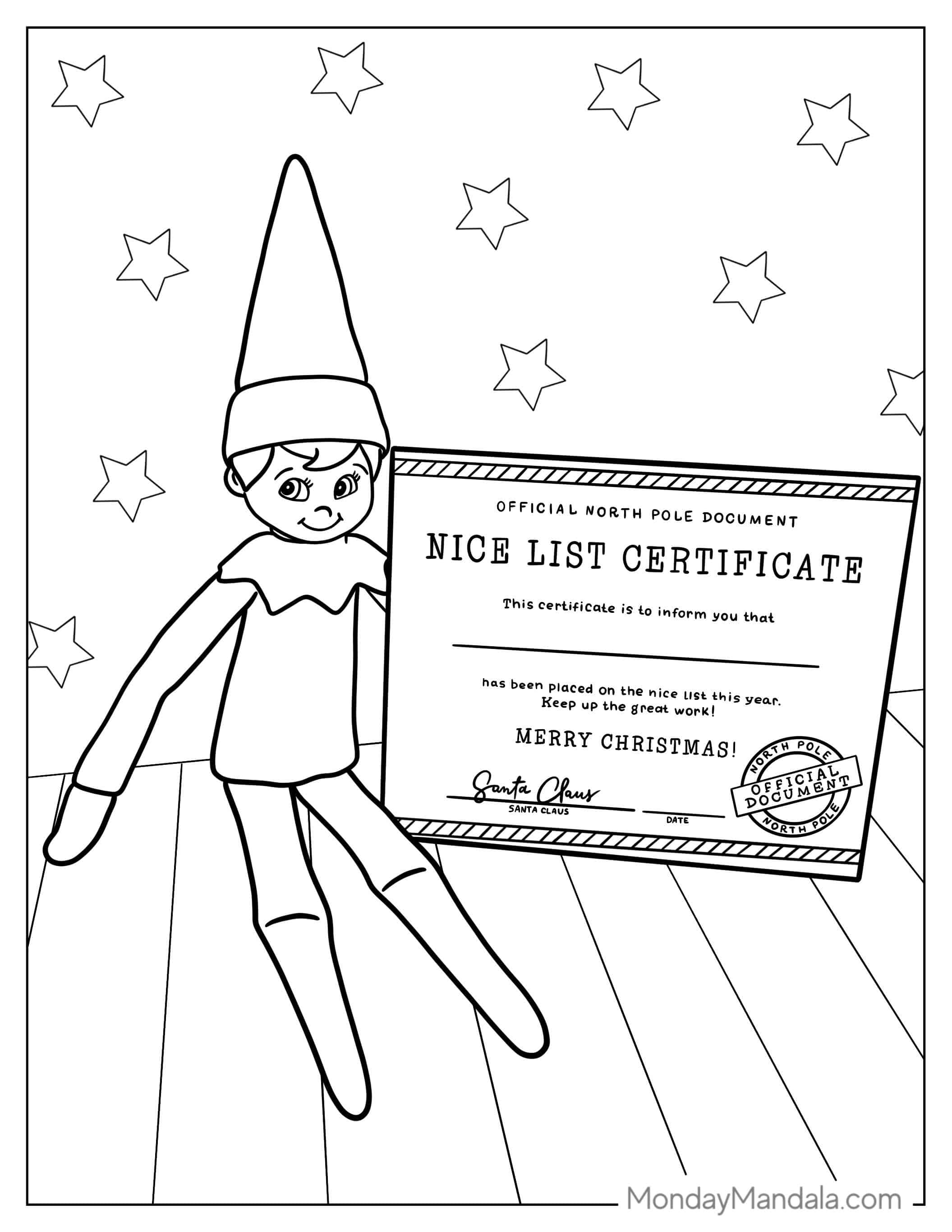 Elf On The Shelf With Nice List Certificate coloring page — printable line art