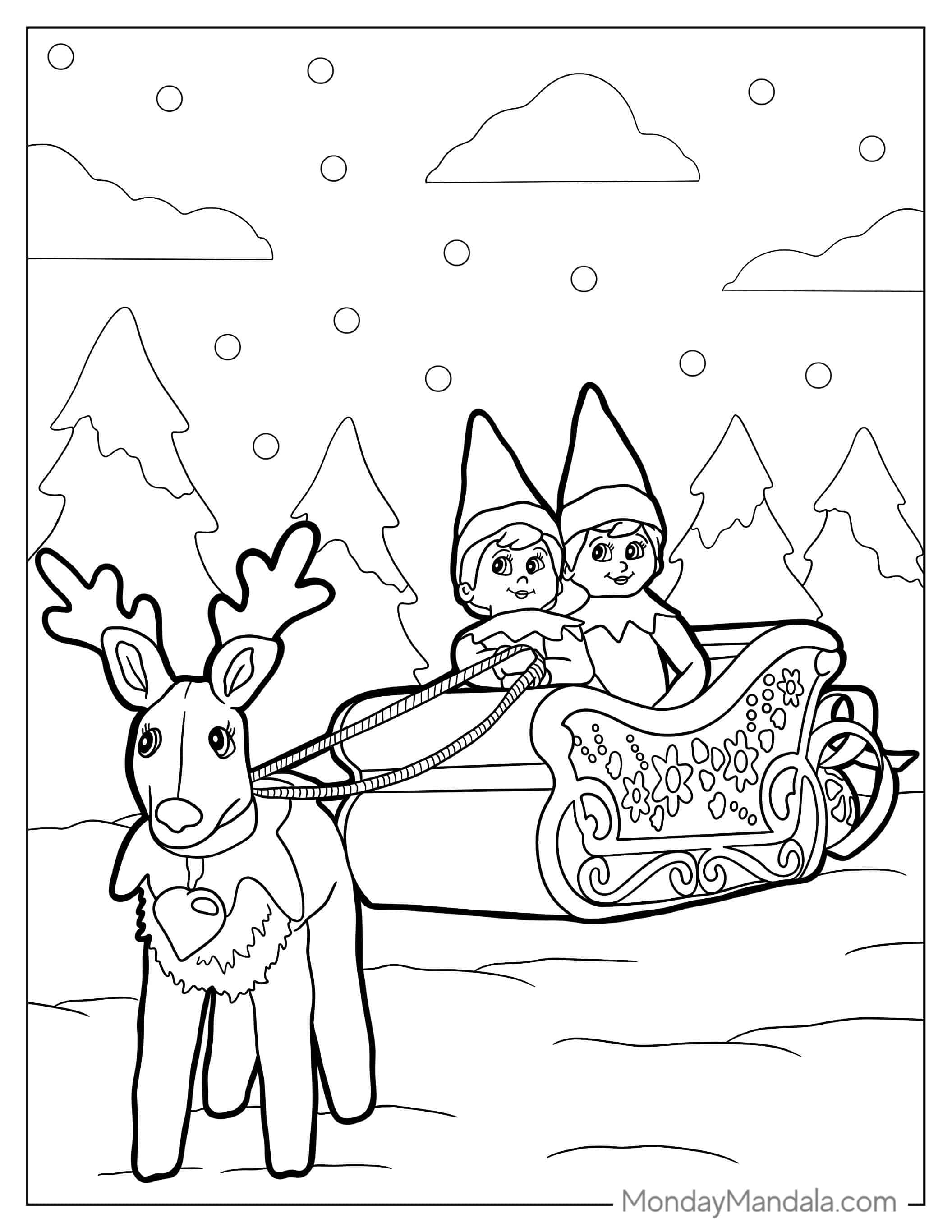 Elf On The Shelf With Reindeer And Sleigh coloring page — printable line art