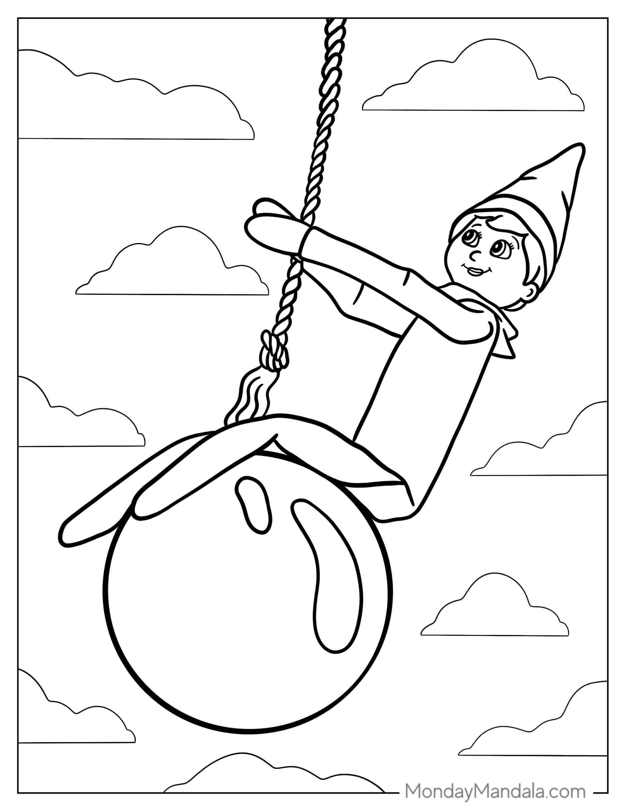 Mischievous Elf On The Shelf Swinging On Ornament coloring page — printable line art