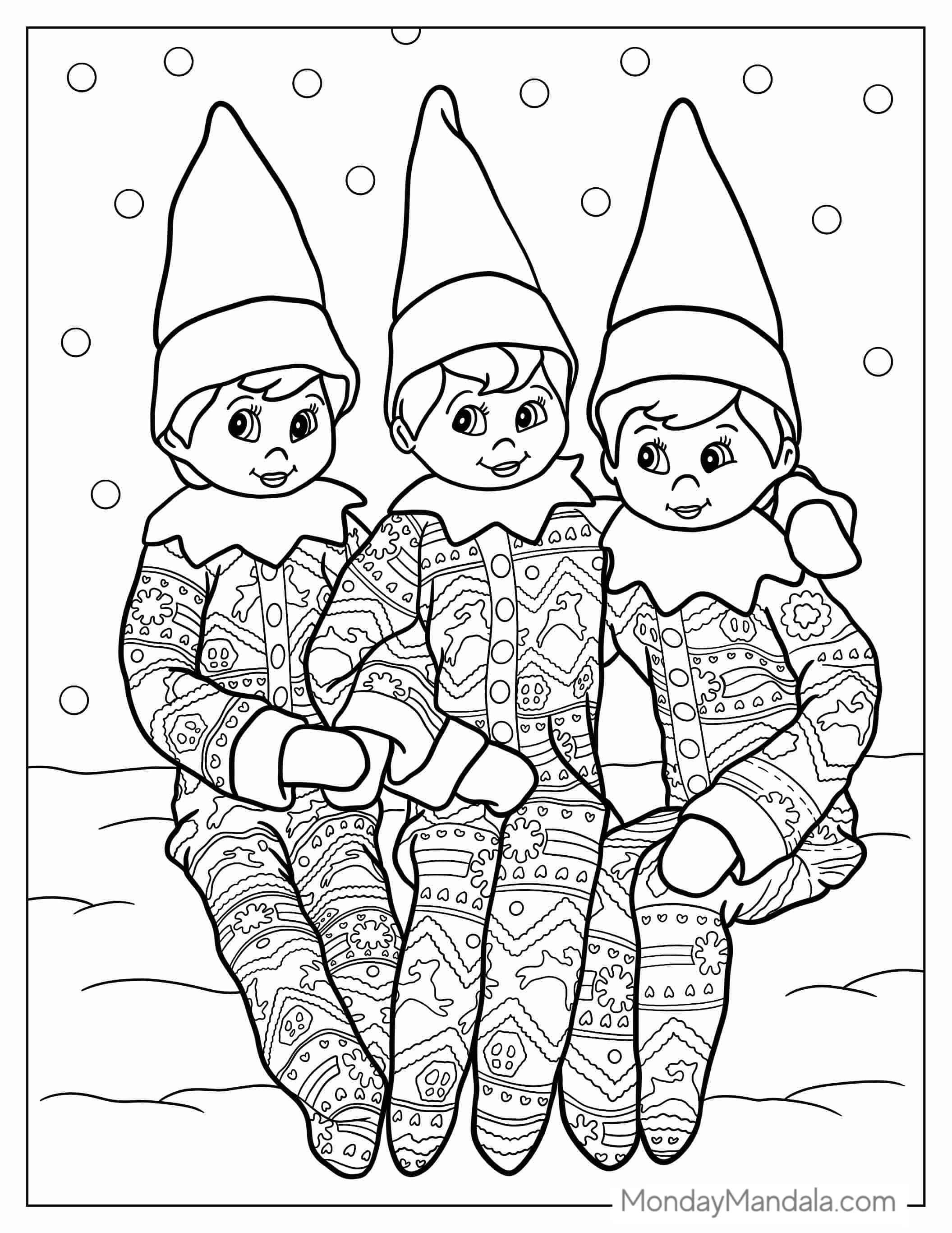 Three Elves On The Shelf Wearing Pyjamas coloring page