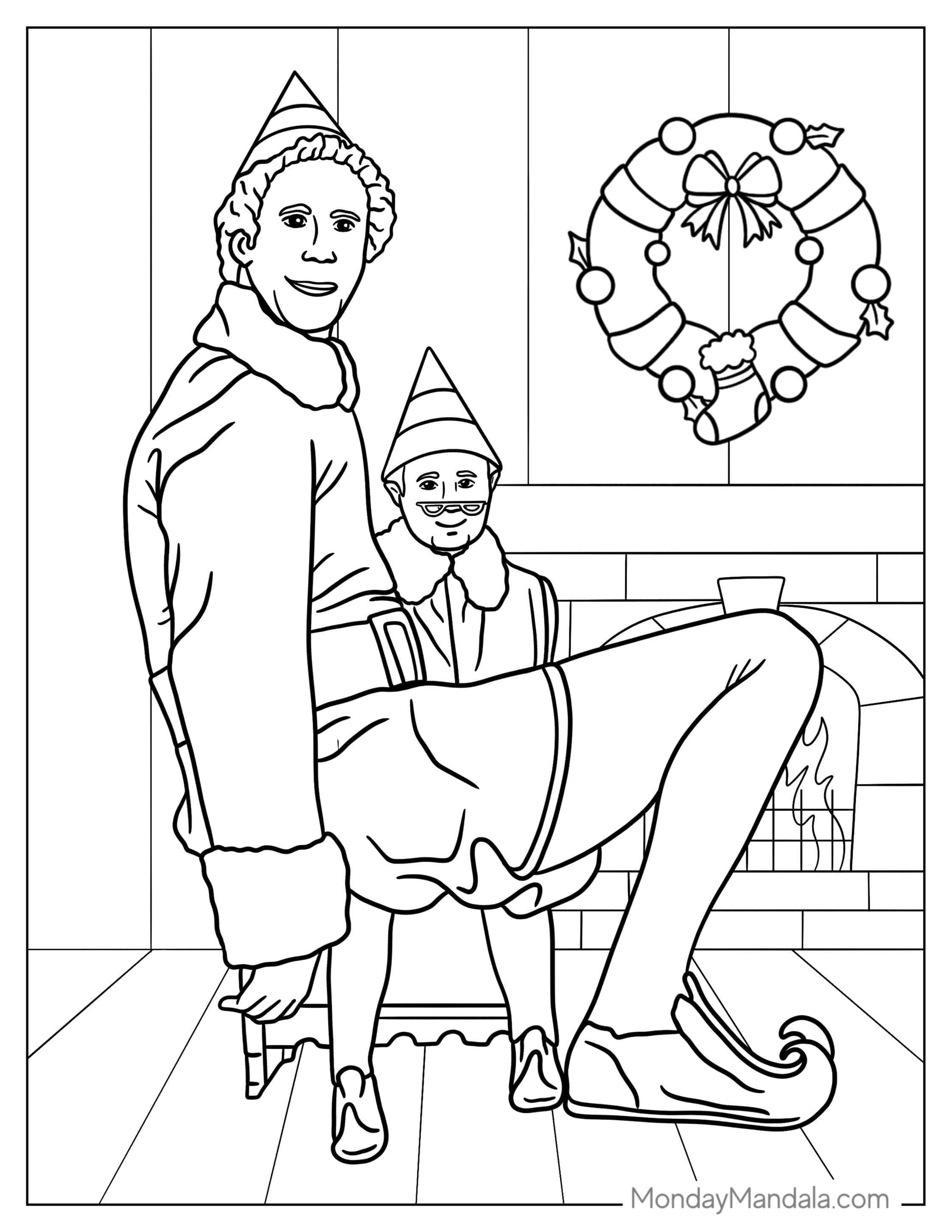 Buddy The Elf Sitting On Poppa Elf To Color coloring page