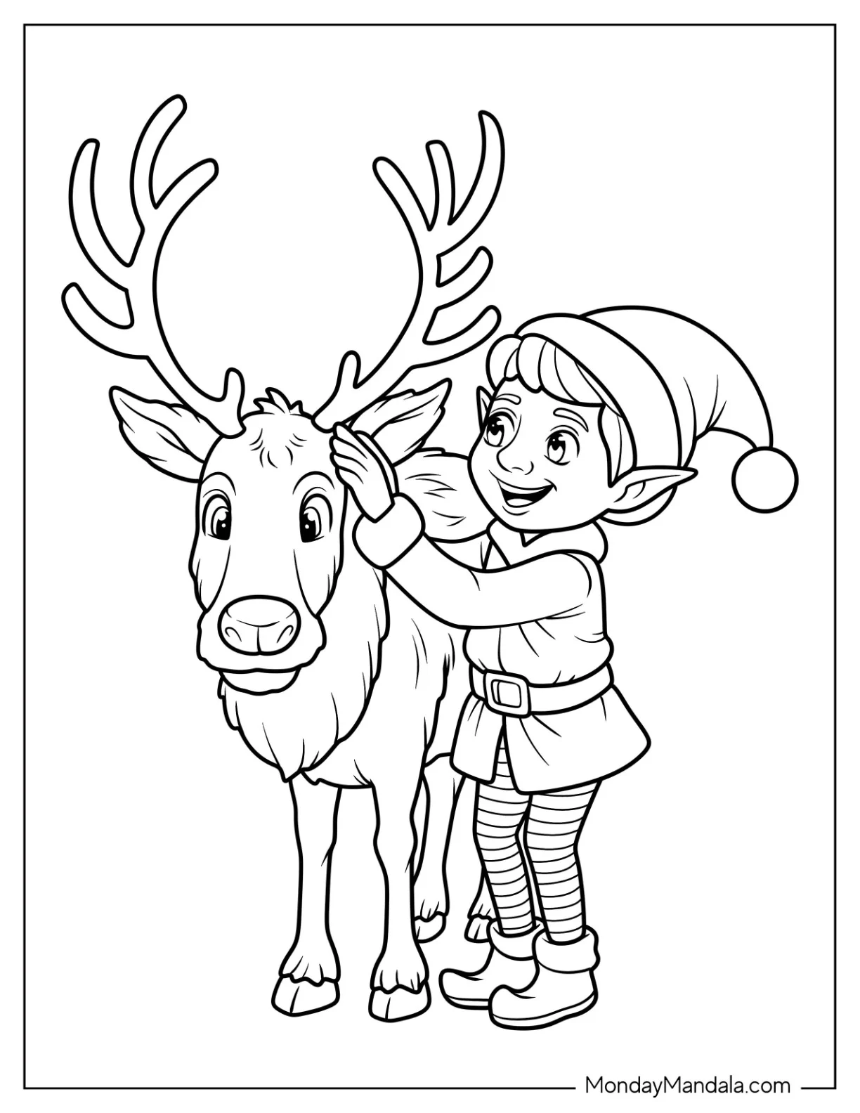 Charming Christmas Elf Coloring Page Petting a Reindeer coloring page