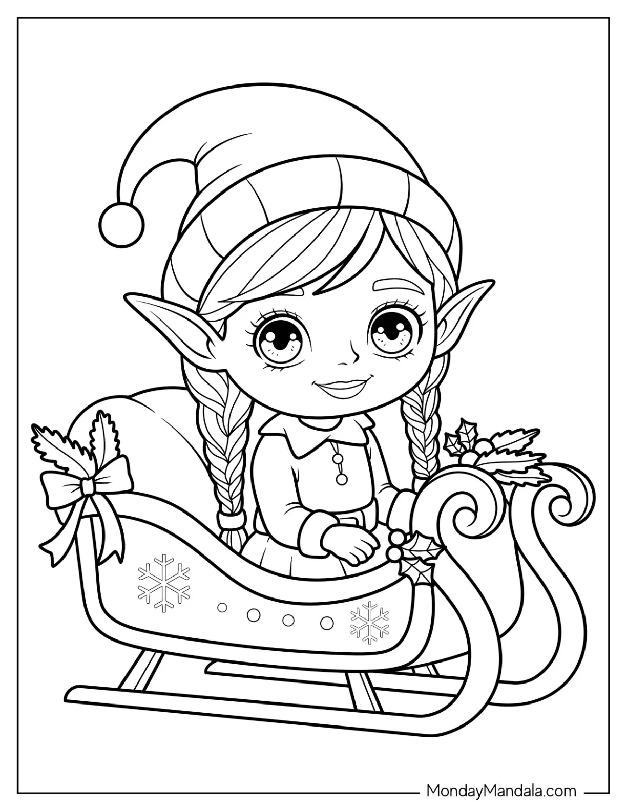 Charming Elf Coloring Page Girl Sitting in a Sleigh coloring page — printable line art