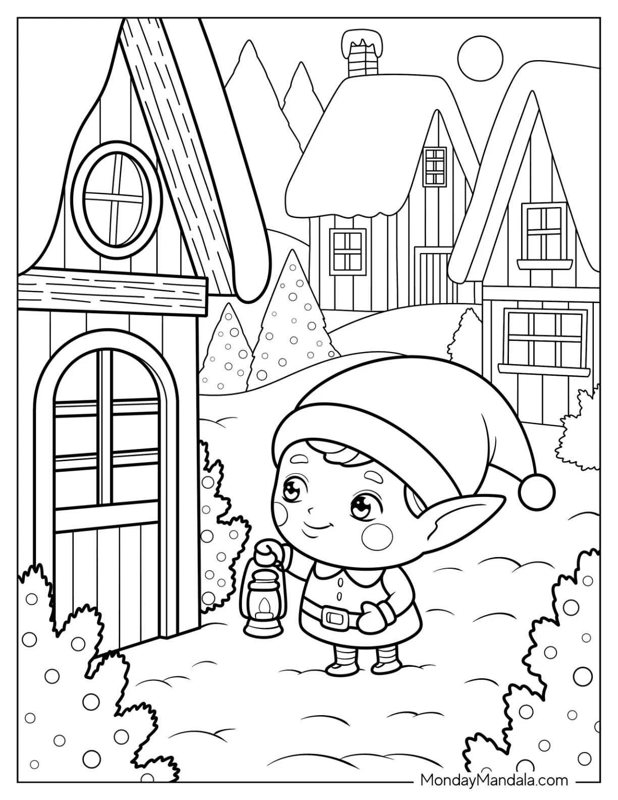 Chibi Elf Coloring Page Holding Lantern in Snowy Christmas Village For Kids coloring page