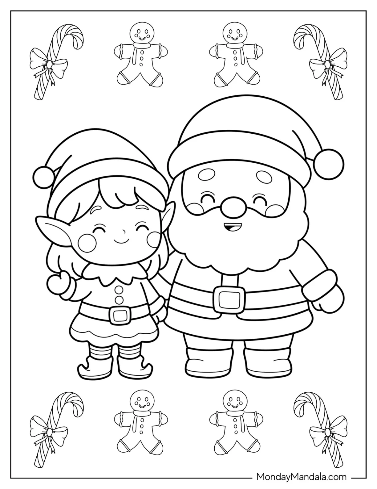 Christmas Elf Coloring Page and Santa Surrounded by Candy Canes and Gingerbread Men For Preschoolers coloring page — printable line art