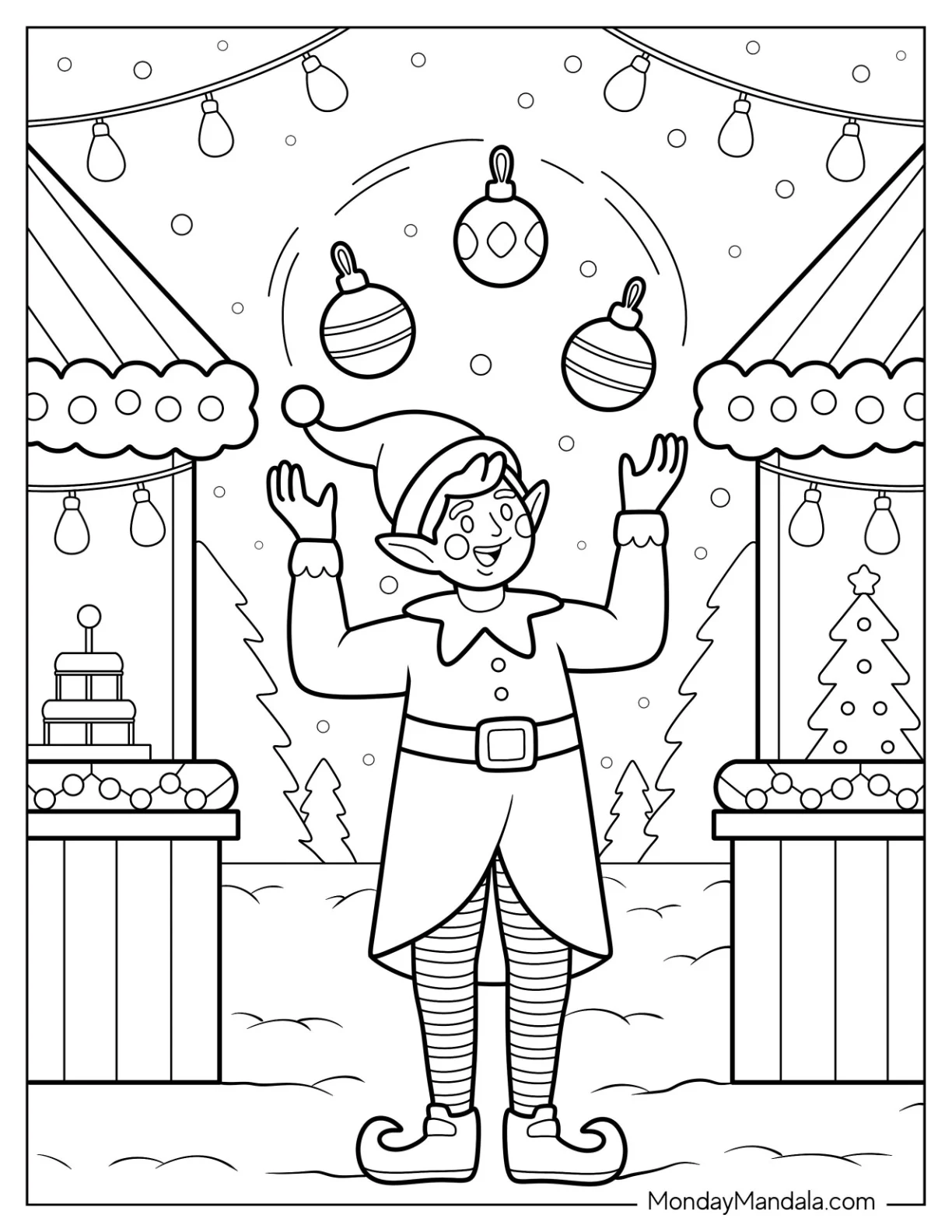 Christmas Elf Coloring Page Juggling Ornaments At Holiday Market coloring page — printable line art