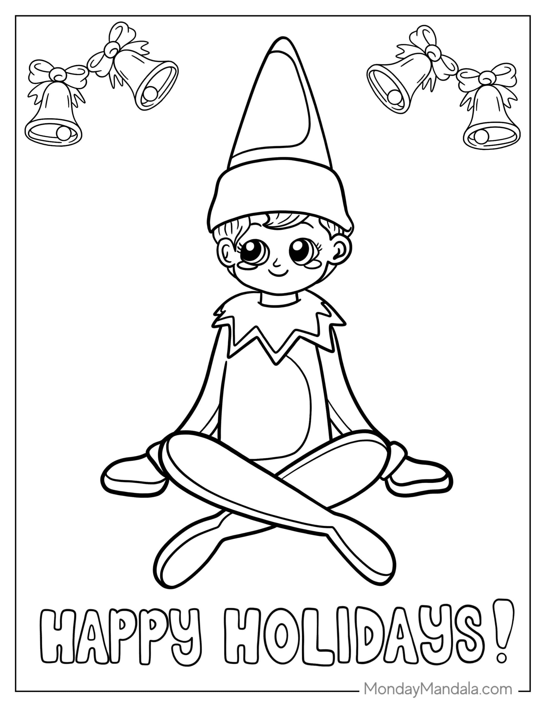 Cute Elf On The Shelf With Christmas Bells coloring page — printable line art