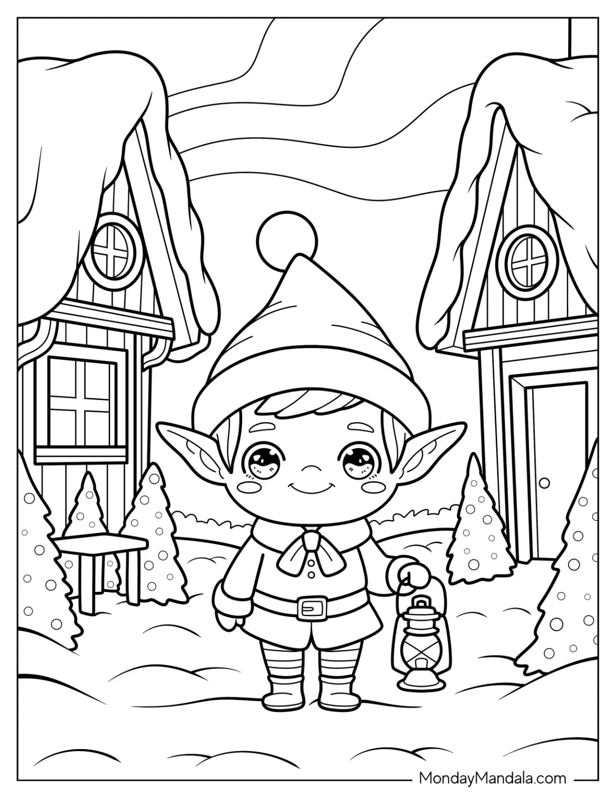 Elf Coloring Page Exploring a Cozy Winter Town with Lantern coloring page