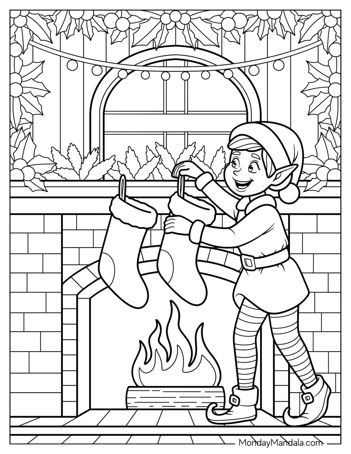 Elf Coloring Page Hanging Stockings In Christmas Living Room coloring page — printable line art