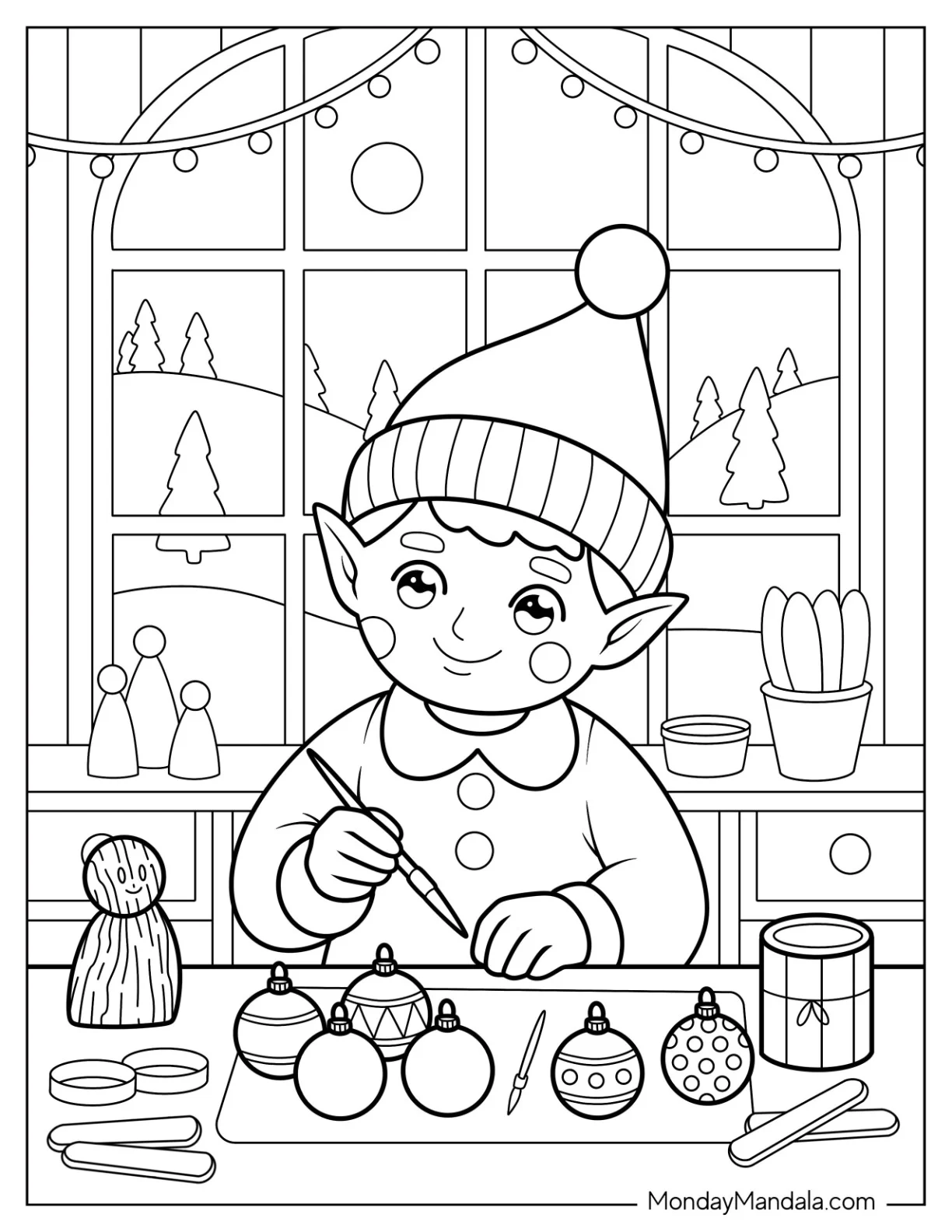 Elf Coloring Page Painting Christmas Ornaments Indoors coloring page — printable line art