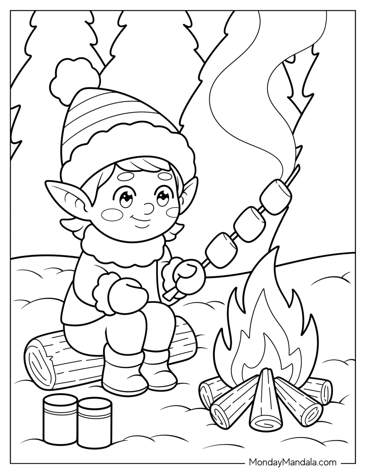 Elf Coloring Page Roasting Marshmallows By A Campfire In The Snow For Kids coloring page — printable line art