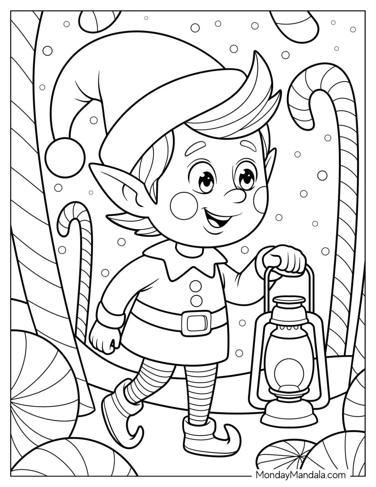Elf Coloring Page With A Lantern Walking in a Magical Candy Cane Path coloring page — printable line art