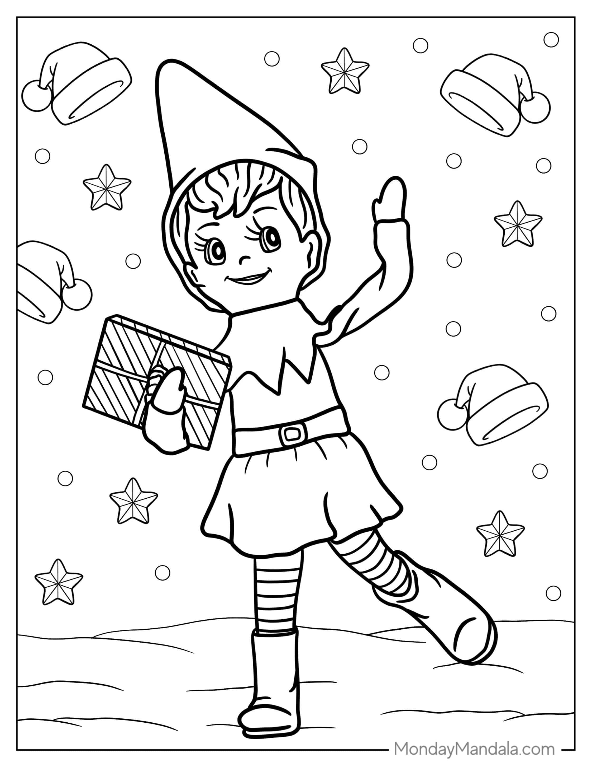 Elf Holding Present Walking In The Snow coloring page — printable line art