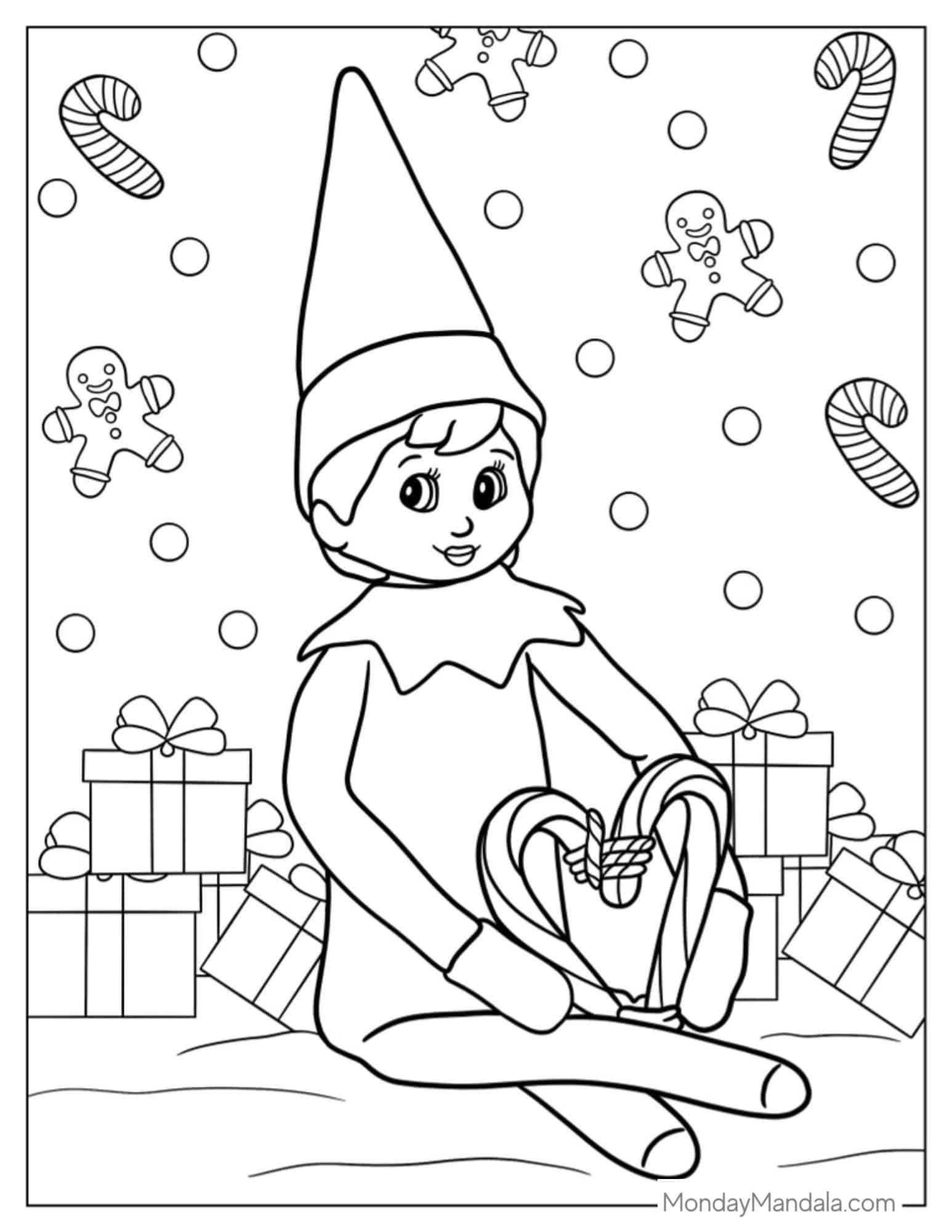 Elf On The Shelf With Candy Canes And Presents coloring page — printable line art