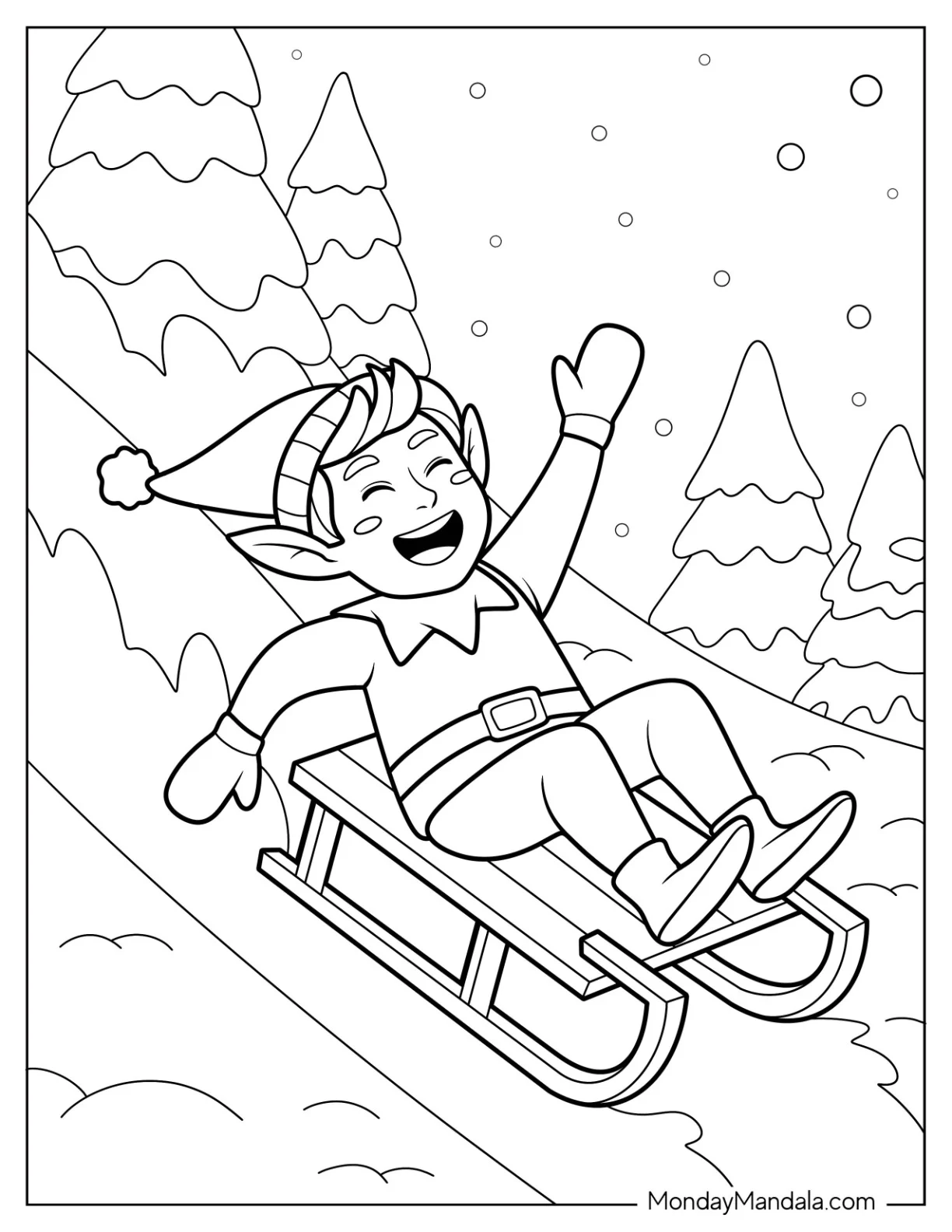 Excited Elf Coloring Page Sliding Down Snow Hill With Trees And Snowflakes coloring page — printable line art