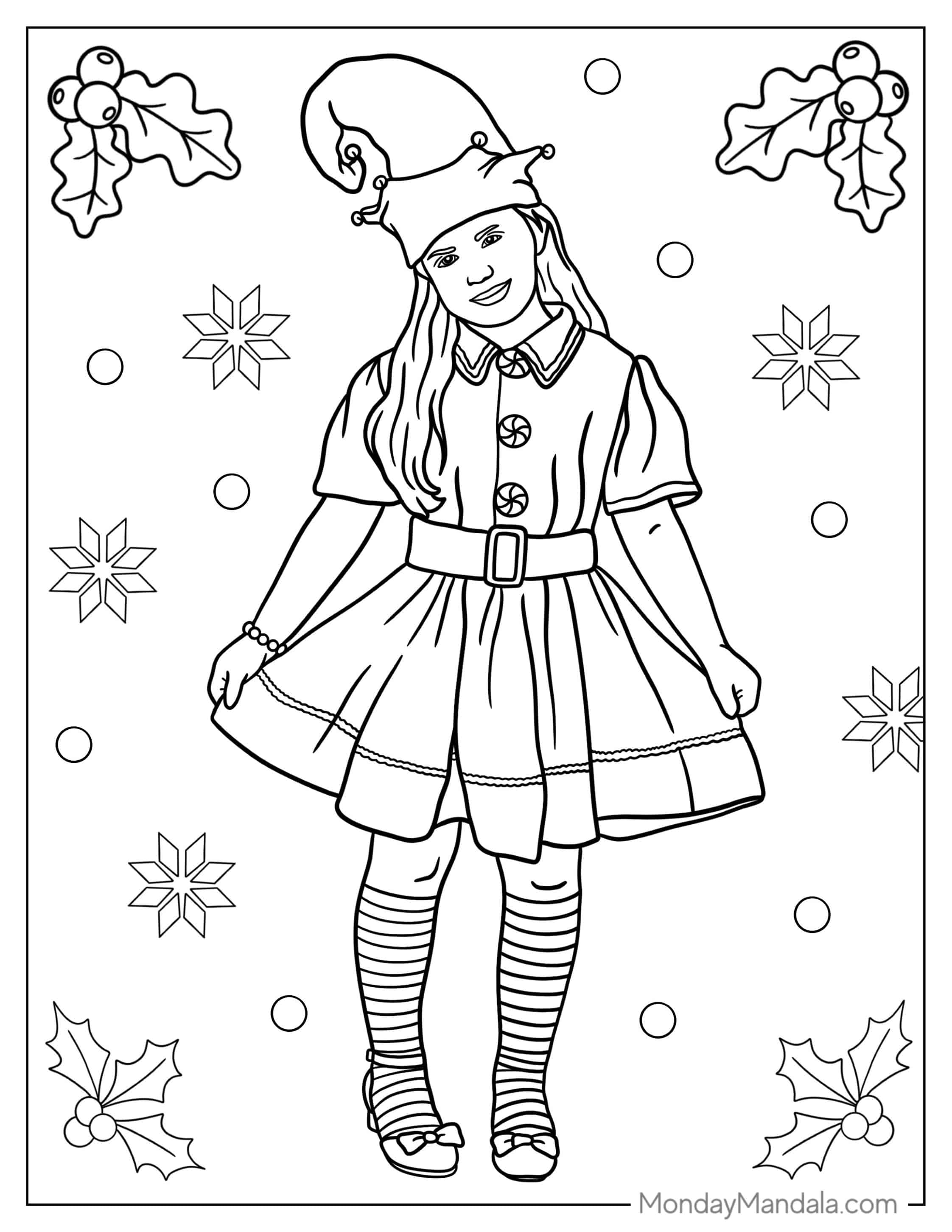 Girl Christmas Elf Coloring Page For Kids coloring page — printable line art