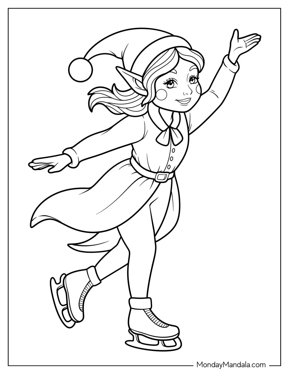Graceful Girl Elf Coloring Page Skating in Winter Outfit For Kids coloring page