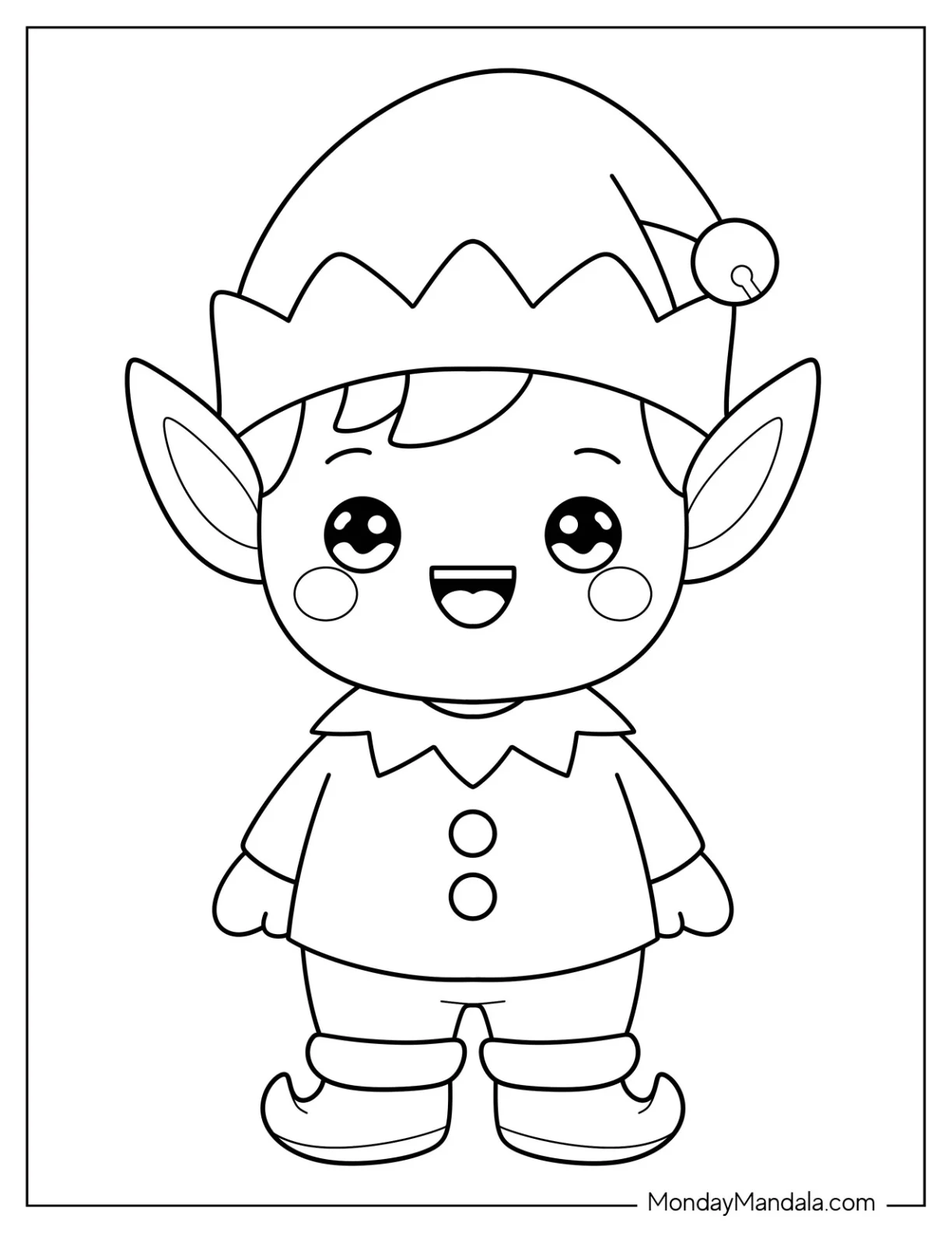 Happy Christmas Elf Coloring Page With Jester Hat And Pointy Shoes For Preschoolers coloring page — printable line art