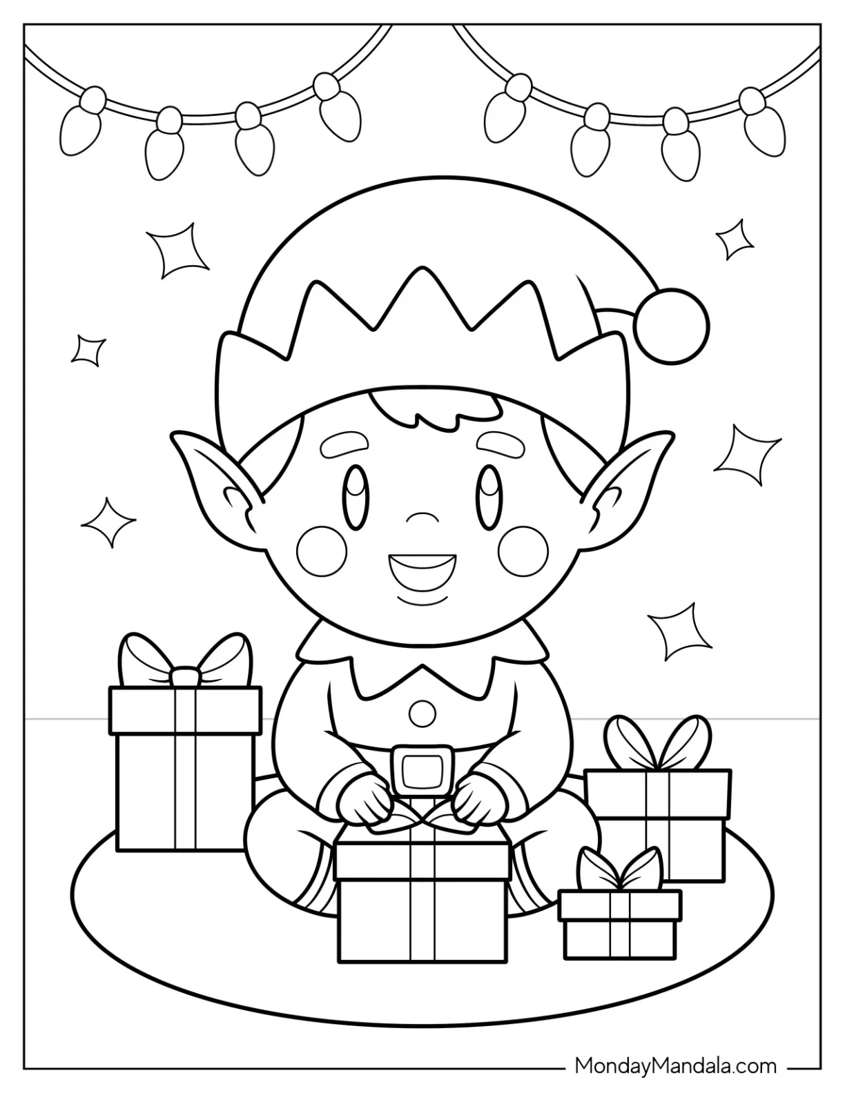 Little Elf Coloring Page Sitting with Holiday Gifts For Preschoolers coloring page