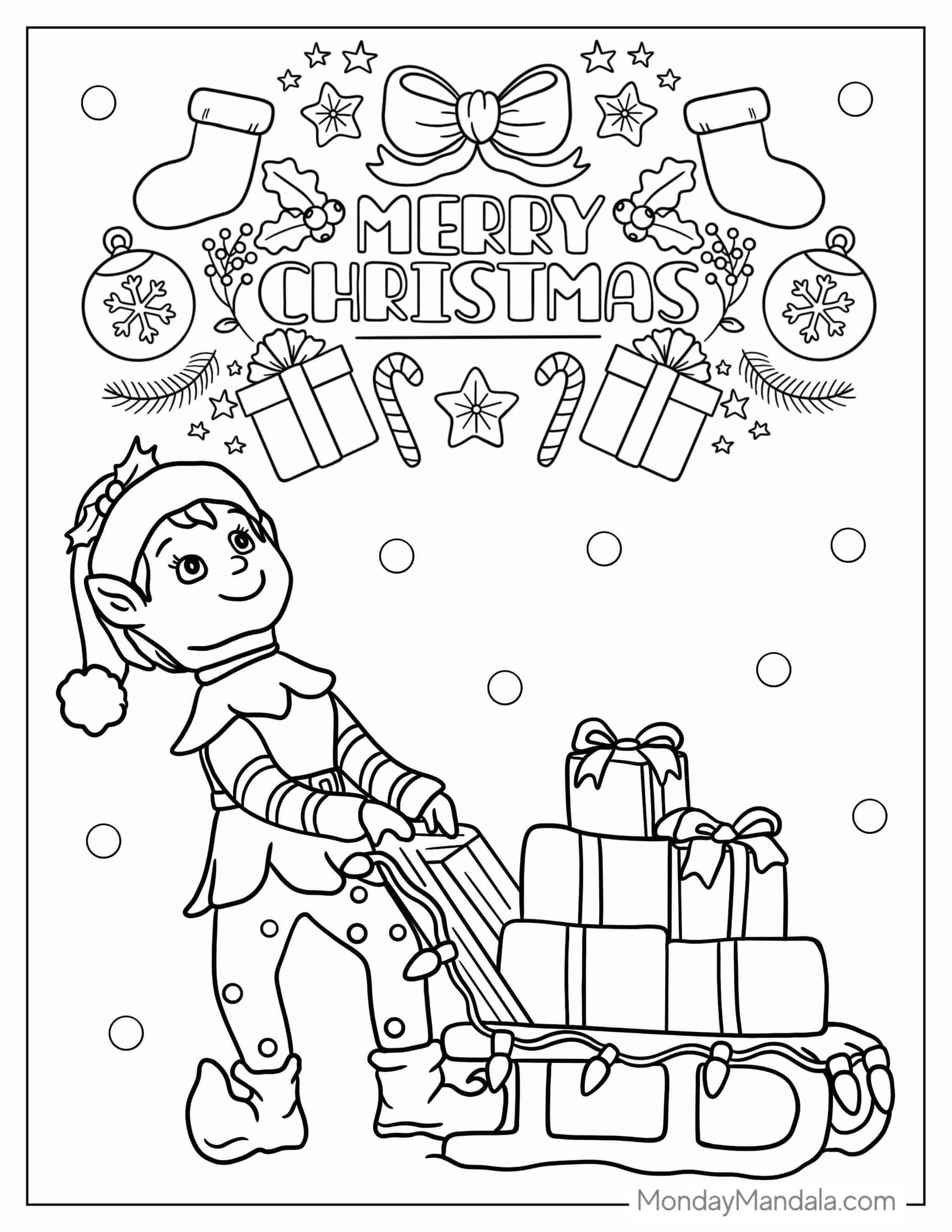 Merry Christmas Themed Elf With Presents coloring page