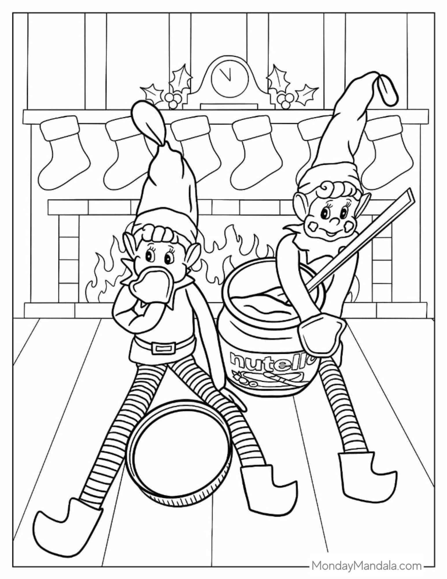 Naughty Elf On The Shelf Eating Nutella coloring page — printable line art