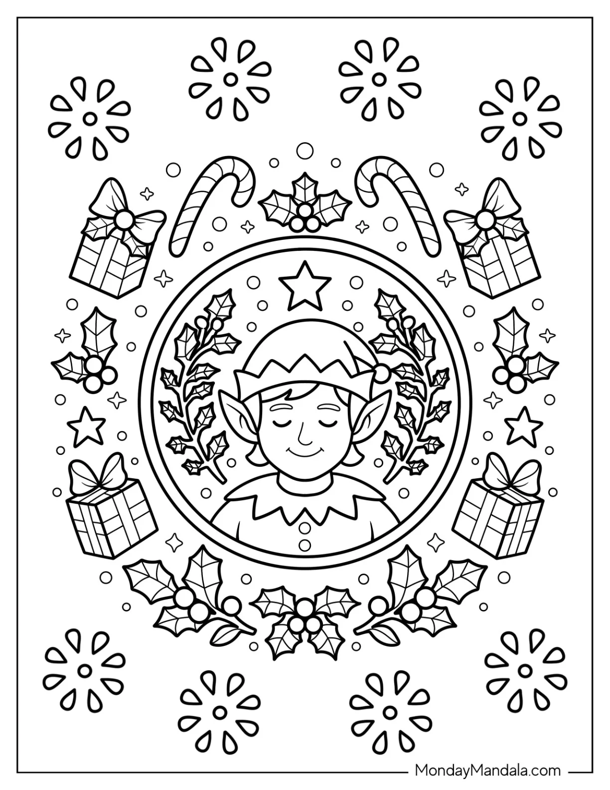 Peaceful Elf Coloring Page Surrounded by Holiday Treats and Holly coloring page — printable line art