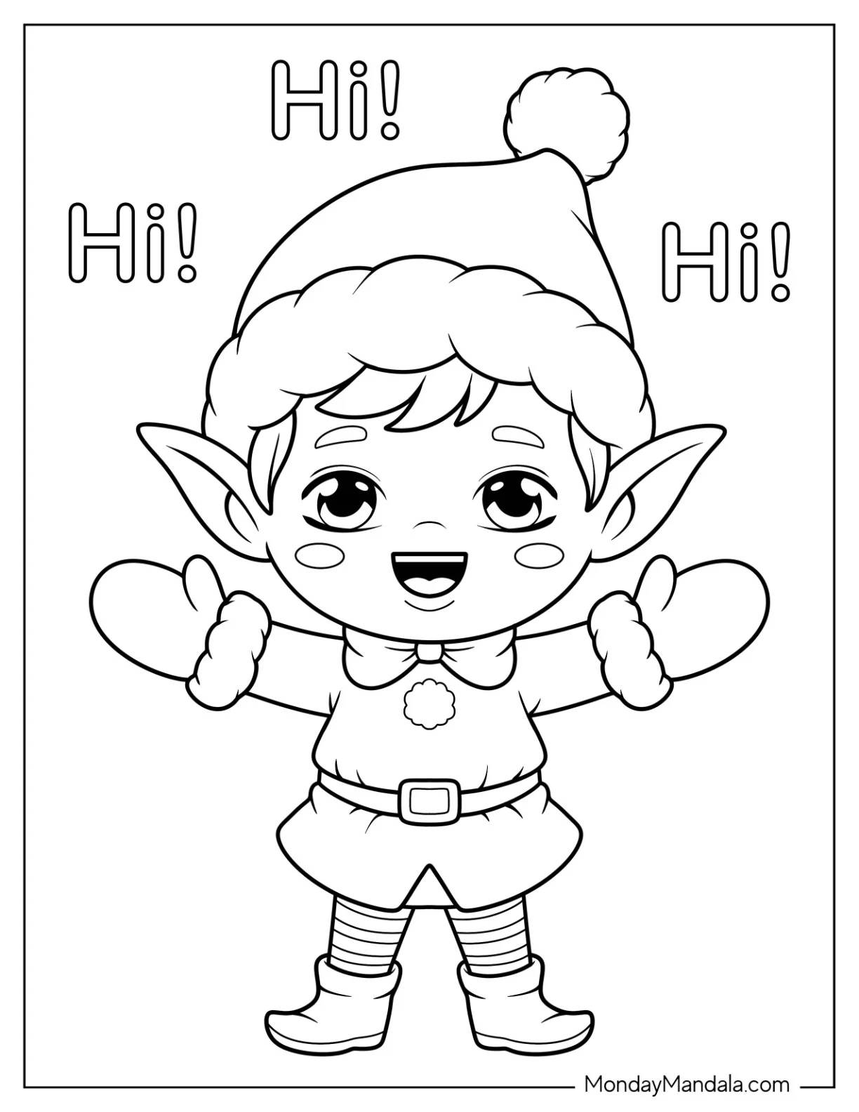 Playful Elf Coloring Page Waving Hello For Preschoolers coloring page — printable line art