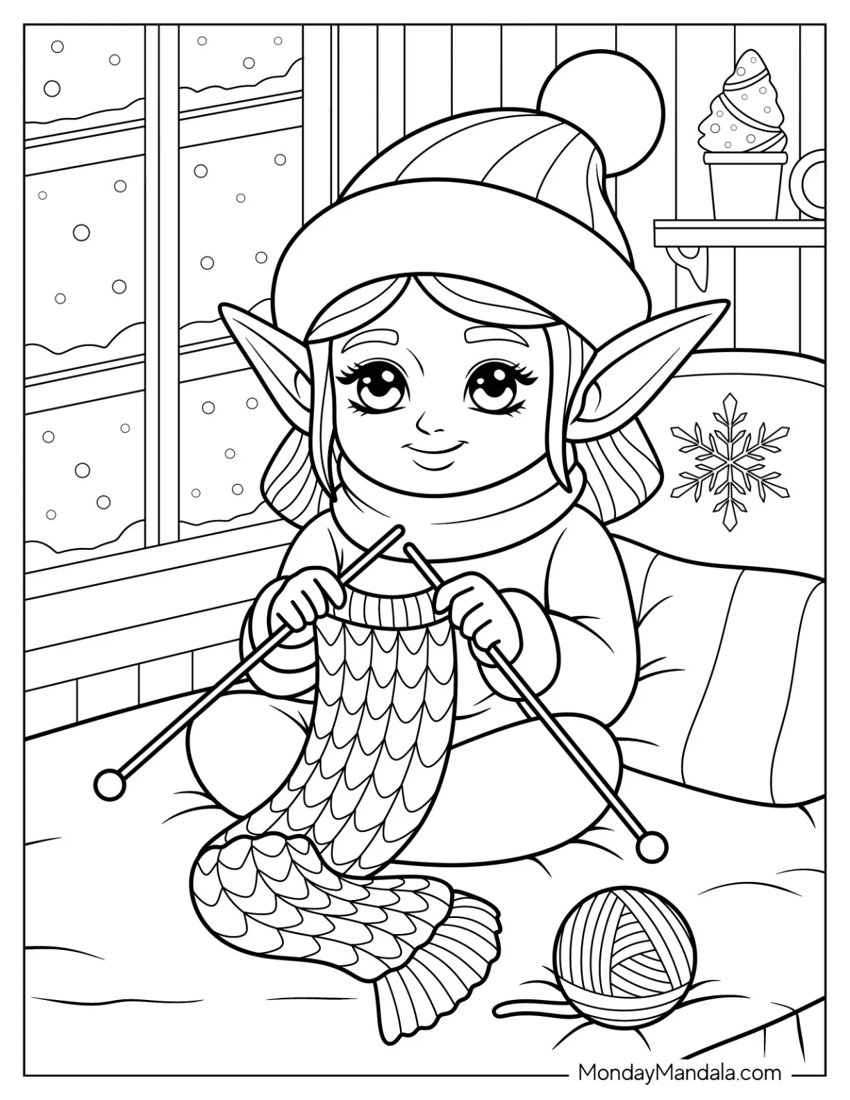 Pretty Elf Coloring Page Knitting a Cozy Scarf Indoors on a Snowy Day coloring page — printable line art