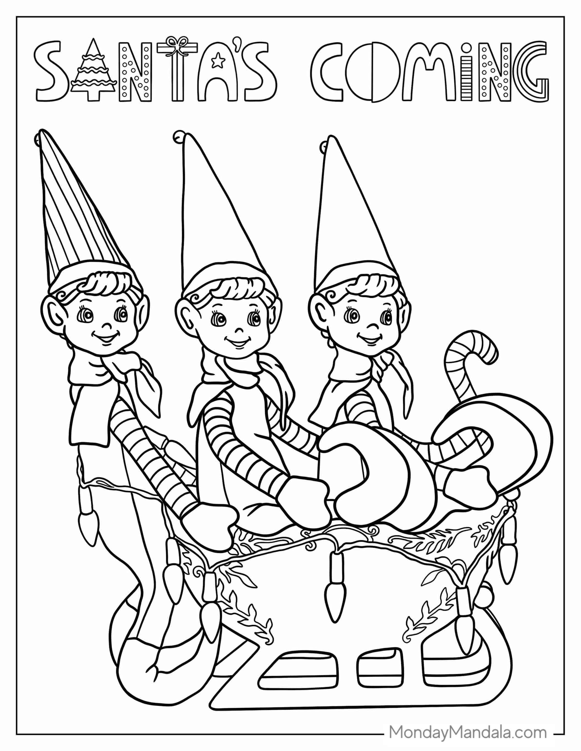 Three Elves Riding a Sleigh coloring page — printable line art