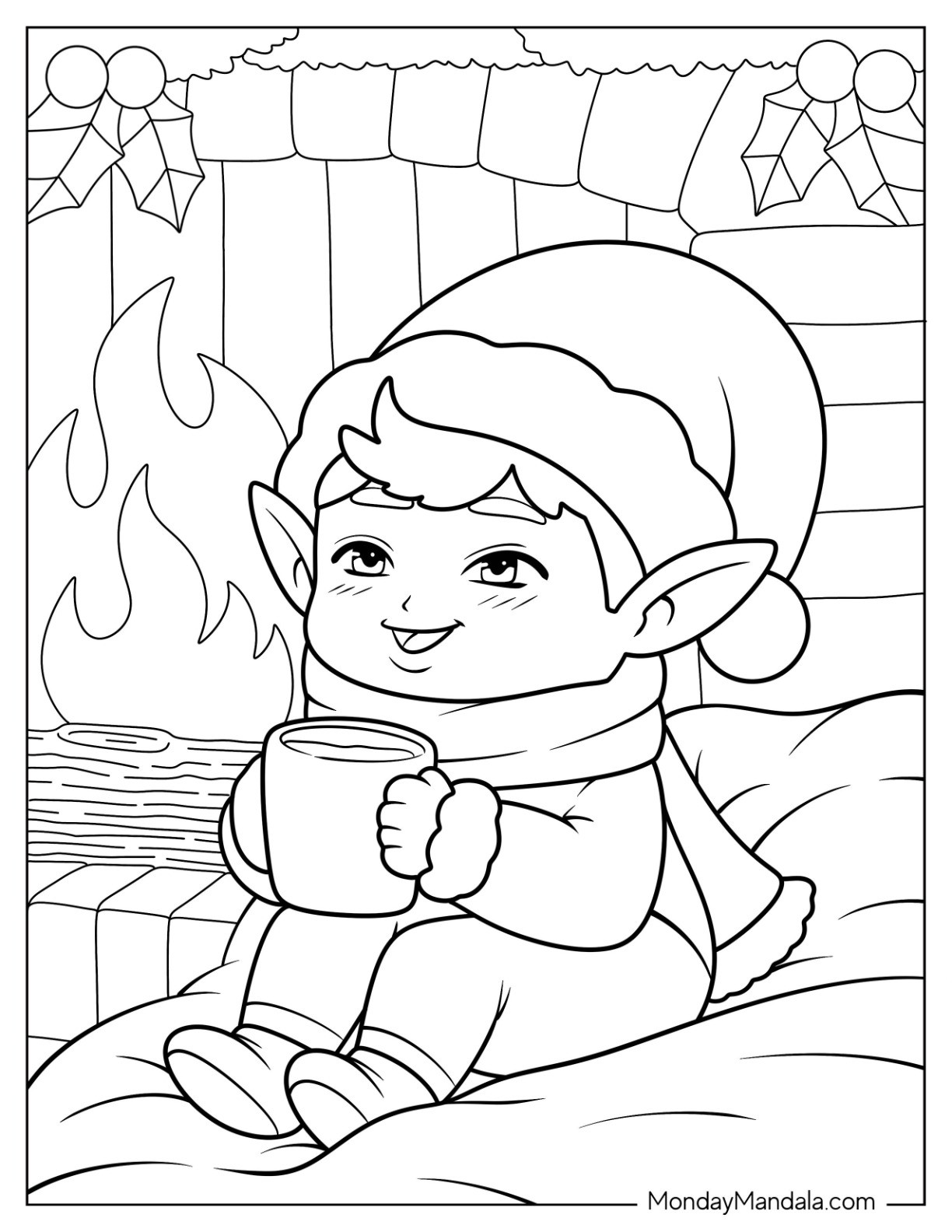 Winter Elf Coloring Page Sipping a Warm Drink By The Fireplace For Preschoolers coloring page — printable line art