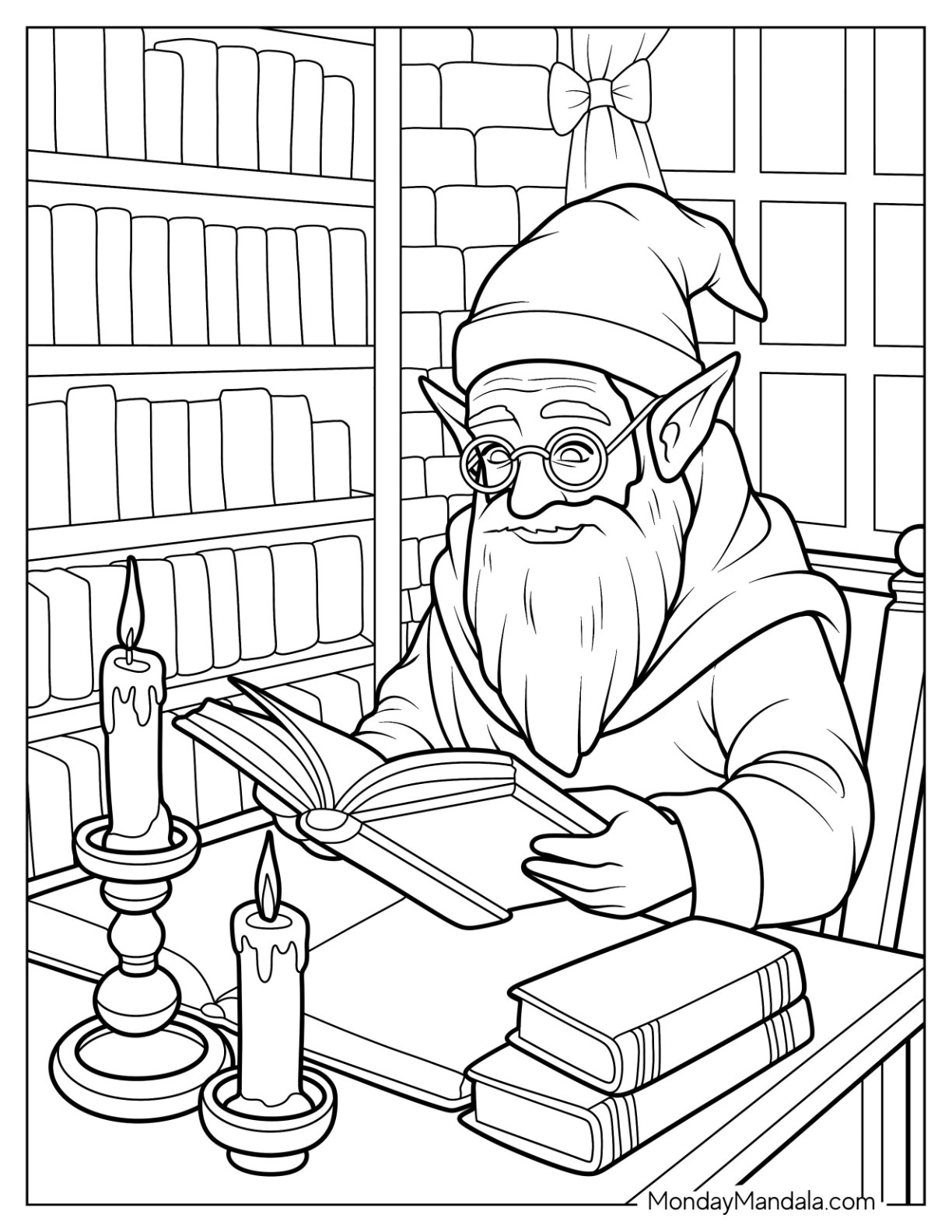 Wise Elf Coloring Page Reading by Candlelight in a Magical Library coloring page — printable line art