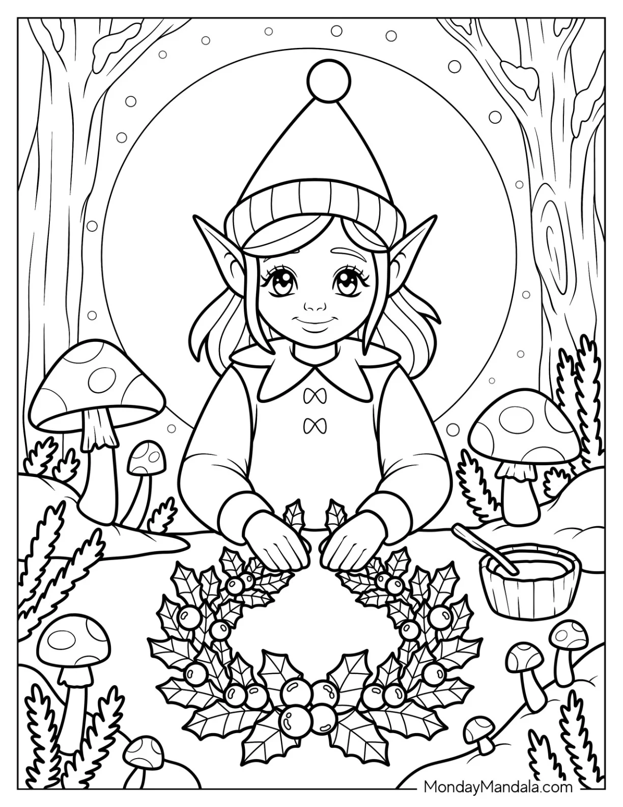 Woodland Elf Coloring Page Making A Holiday Wreath coloring page — printable line art