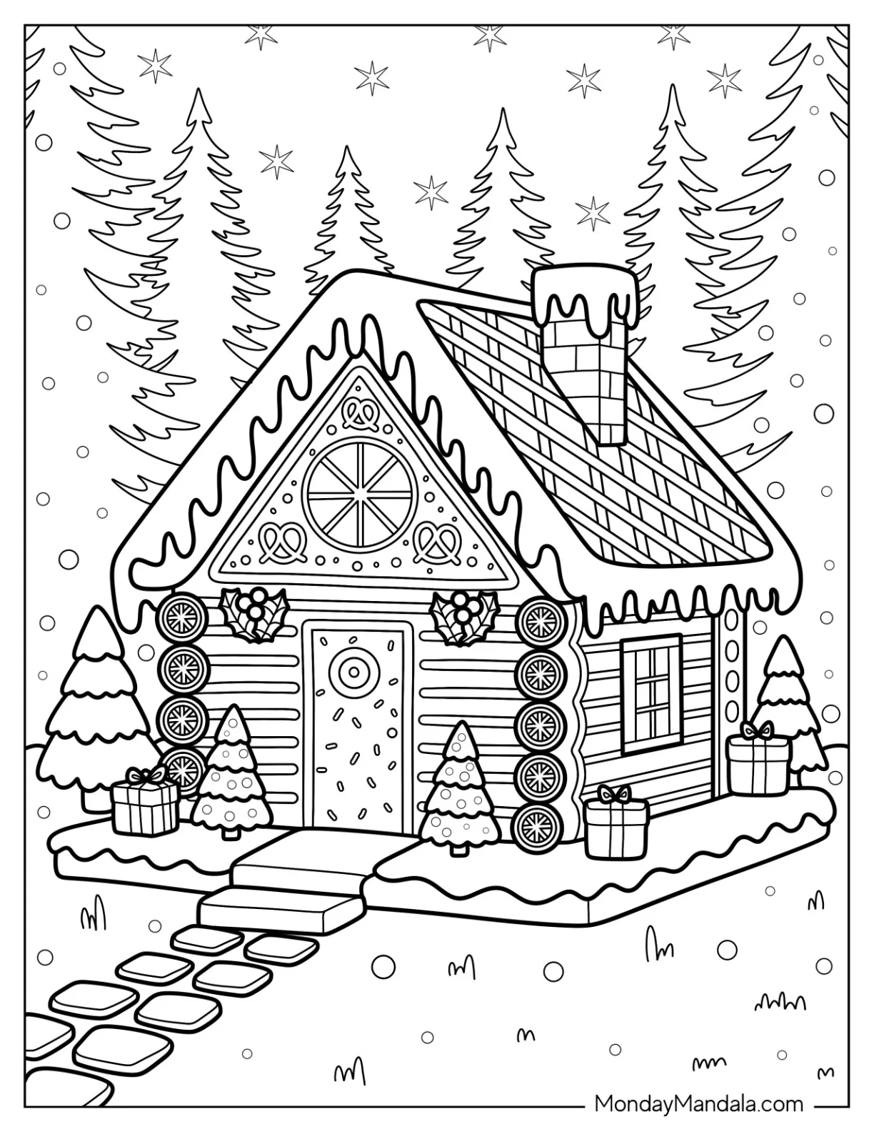 Cozy Gingerbread House Coloring Page in Wintry Forest for Kids coloring page