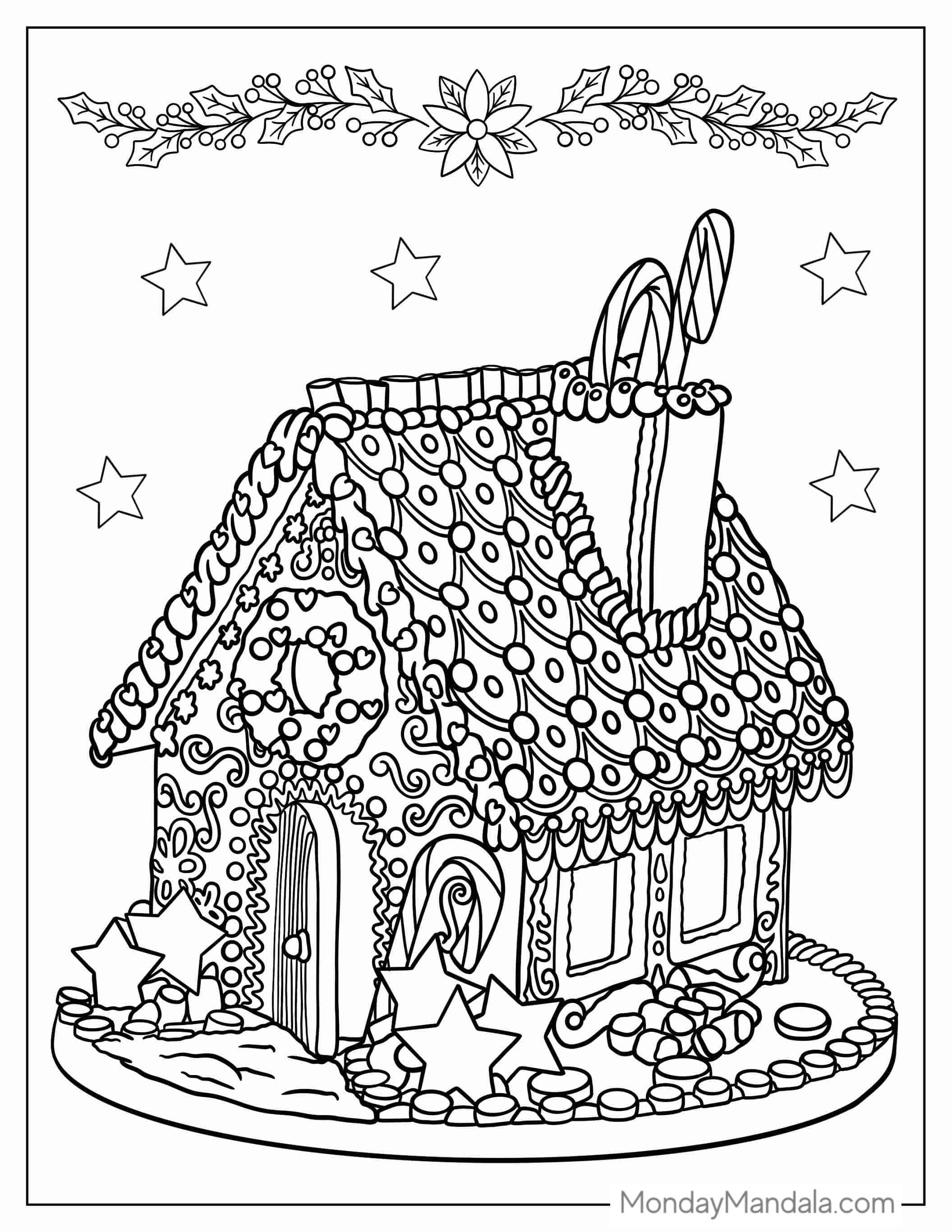 Detailed Gingerbread House Coloring Page For Adults coloring page — printable line art