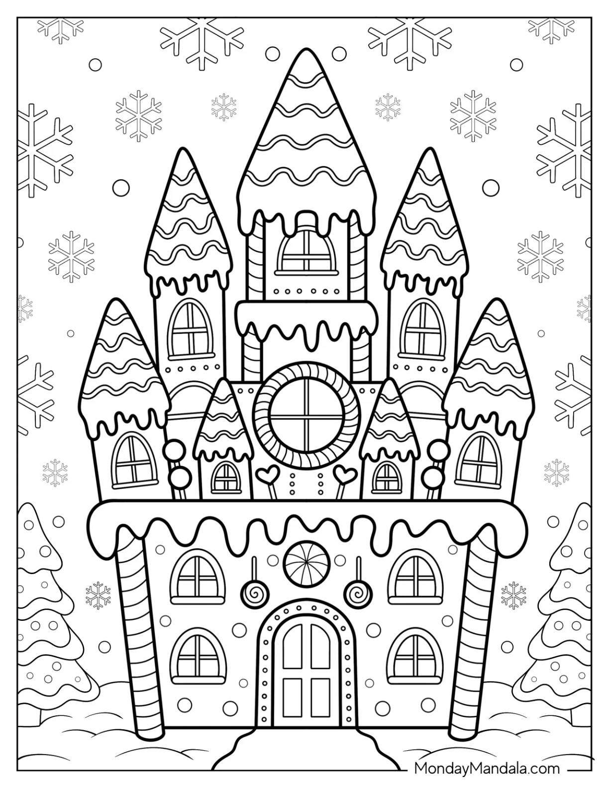 Gingerbread House Coloring Page of Castle with Candy Towers and Icing Roof coloring page — printable line art