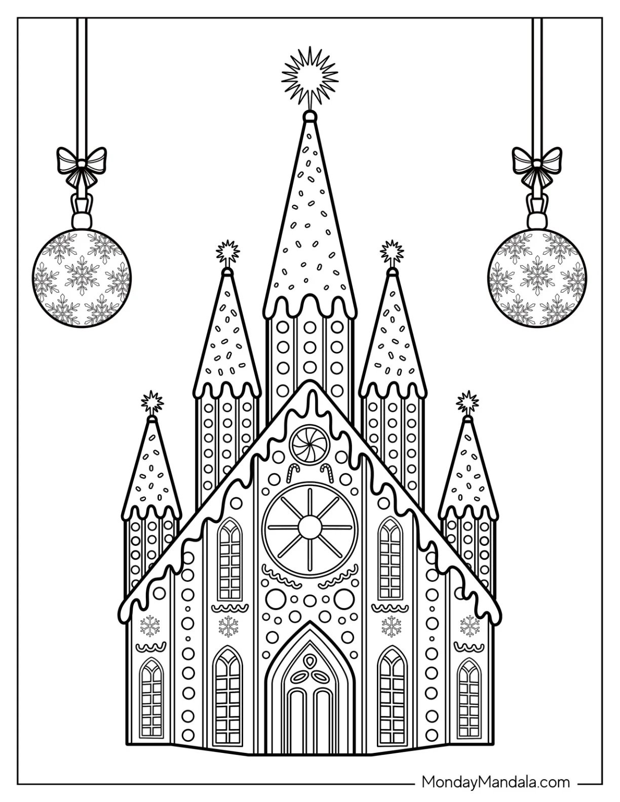 Gingerbread House Coloring Page of Cathedral with Tall Spires and Holiday Ornaments coloring page — printable line art