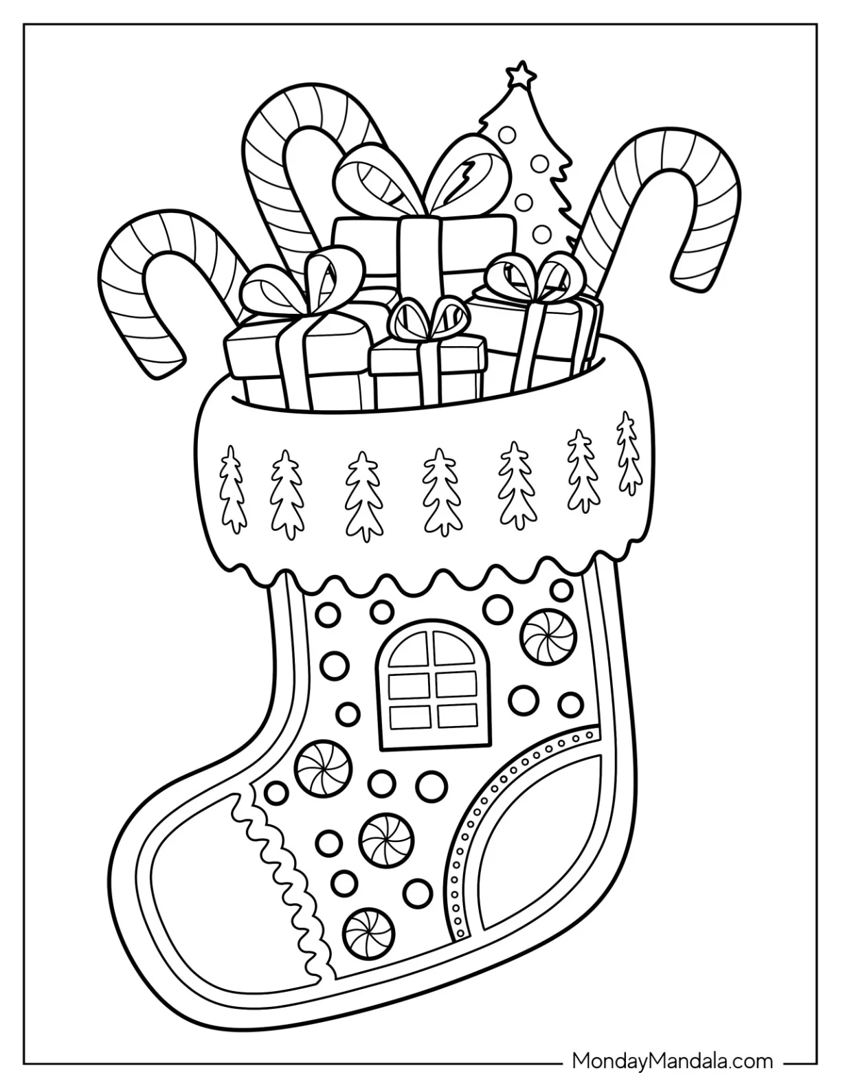 Gingerbread House Coloring Page of Christmas Stocking Filled with Gifts and Candy for Kids coloring page